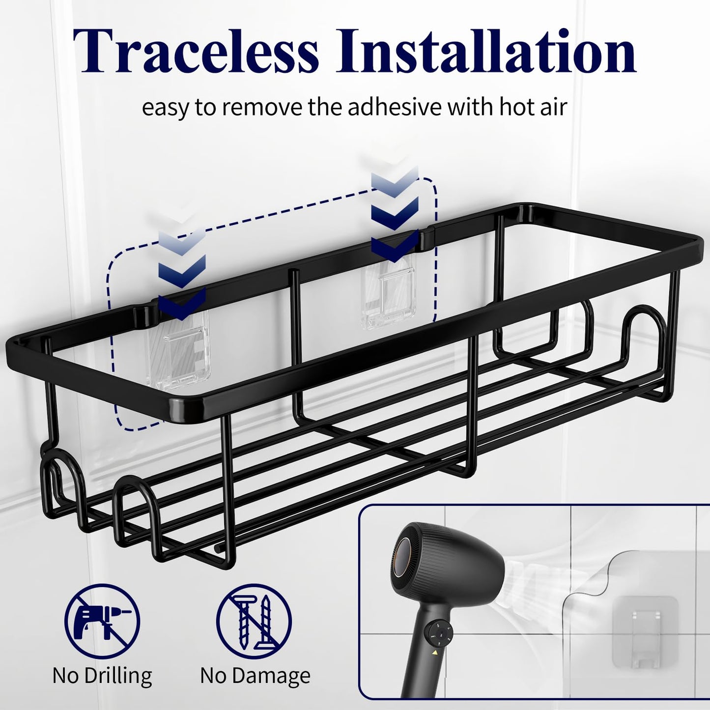 Kitsure Duschablage ohne Bohren - 2 Stück rostfreie Badezimmer Organizer, schnell trocknende Badregal, mit großer Kapazität, langlebige Shampoo Halterung für Dusche aus Edelstahl, Large, Schwarz