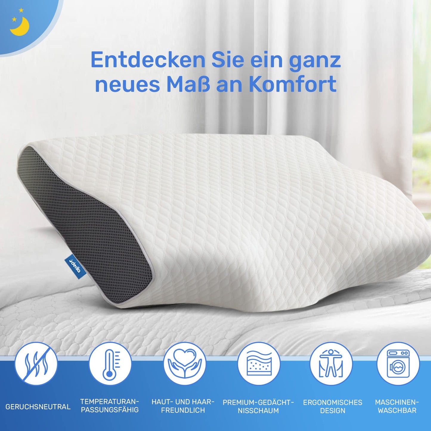 Derila Nackenkissen Kopfkissen, Memory Foam Kissen Original. Ergonomisches Kopfkissen, Nackenstützkissen, Seitenschläferkissen für Seiten, Rücken & Bauchschläfer (Queen, 1er Pack)