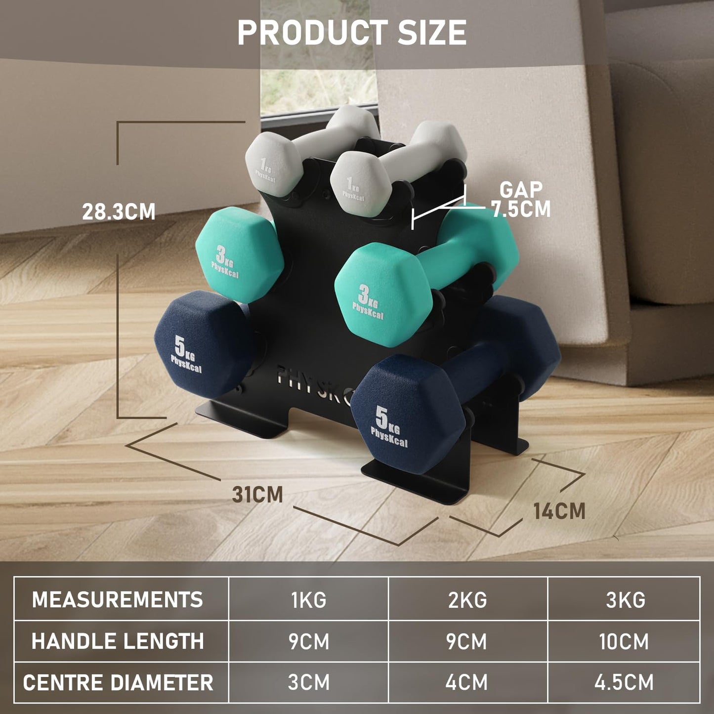 PhysKcal Kurzhantel Set, Hexagon Hantelset mit Stahl Hantelständer, 2 x 1 kg, 2 x 3 kg, 2 x 5 kg, Mattes Finish, Neopren-Beschichtung, Krafttraining
