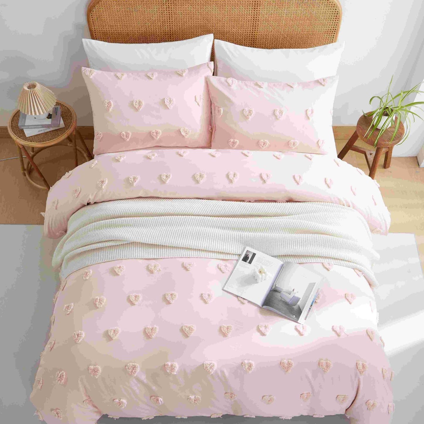 Freyamy Boho Bettwäsche 135x200cm 2teilig Rosa Getuftet Herz Böhmen Bettwäsche Stickerei Shabby Chic Bettwaren-Sets Microfaser Weiche Bettbezug mit Reißverschluss und Kissenbezug 80x80cm
