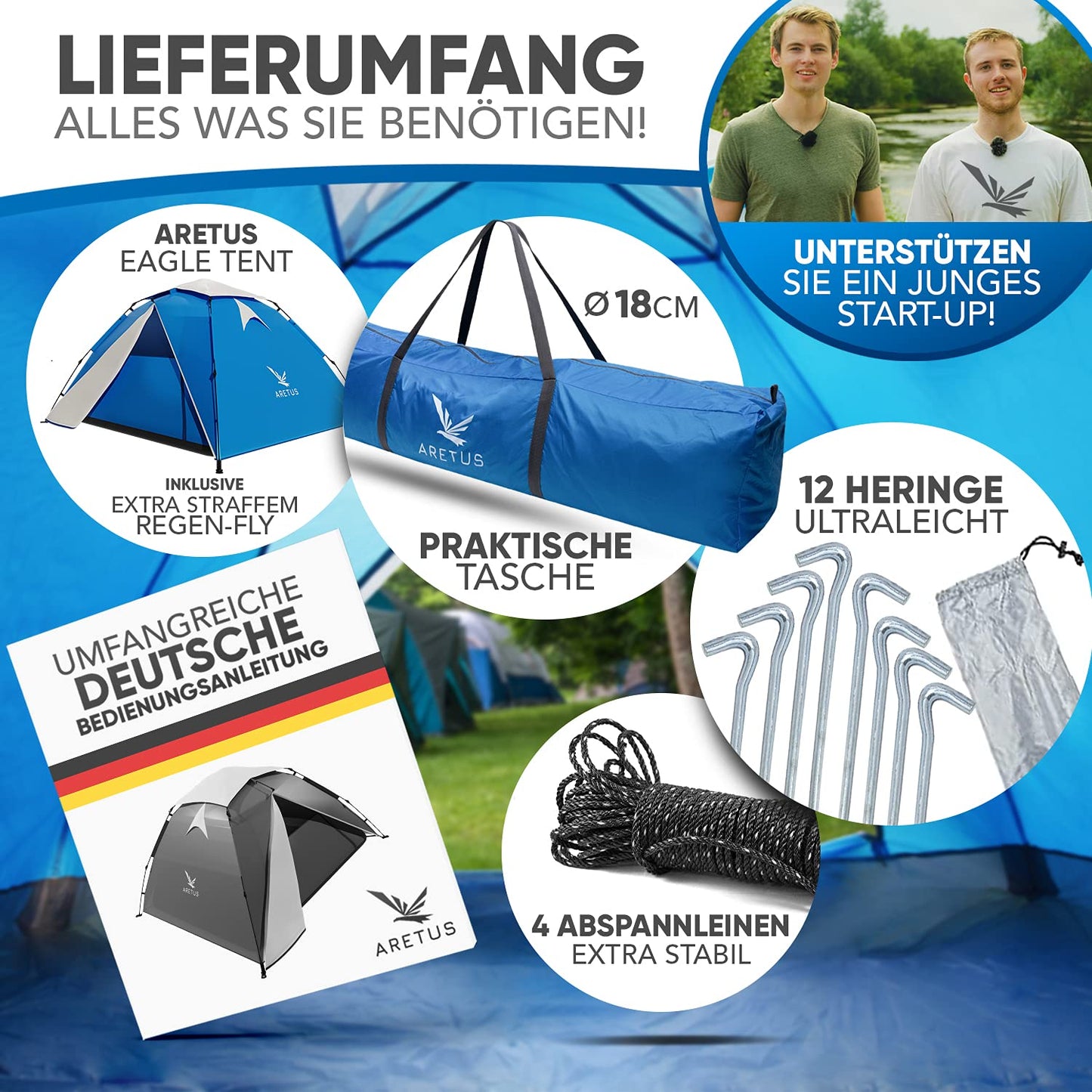 Aretus - Wurfzelt 2-4 Personen AUF-ABBAU IN 45 Sekunden -Extra Groß & Wasserdicht- Pop up Zelt 3 Person automatik Wurfzelt 3 Personen Mann zelte