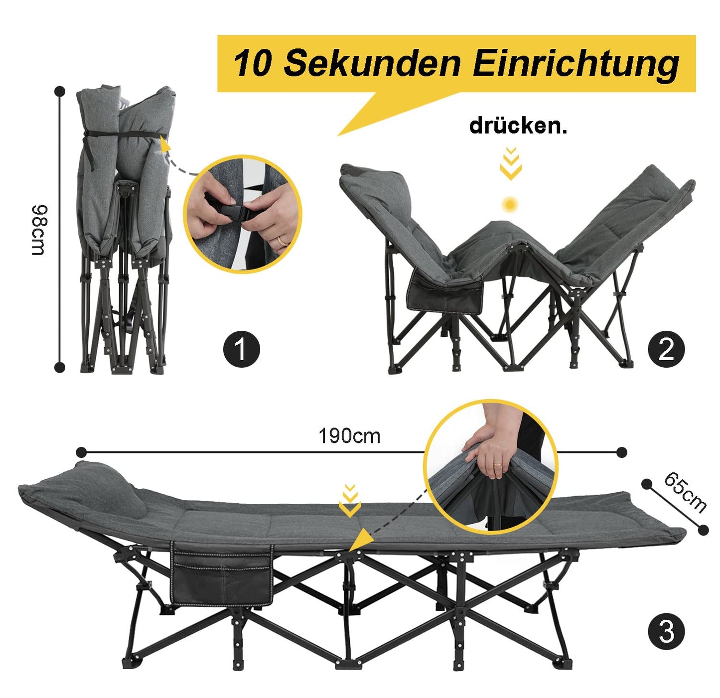 ATORPOK SHOP Campingbett feldbett klappbar, Faltbar Gästebett bis 200 kg für, Indoor, Outdoor, Strand und Garten (grau)