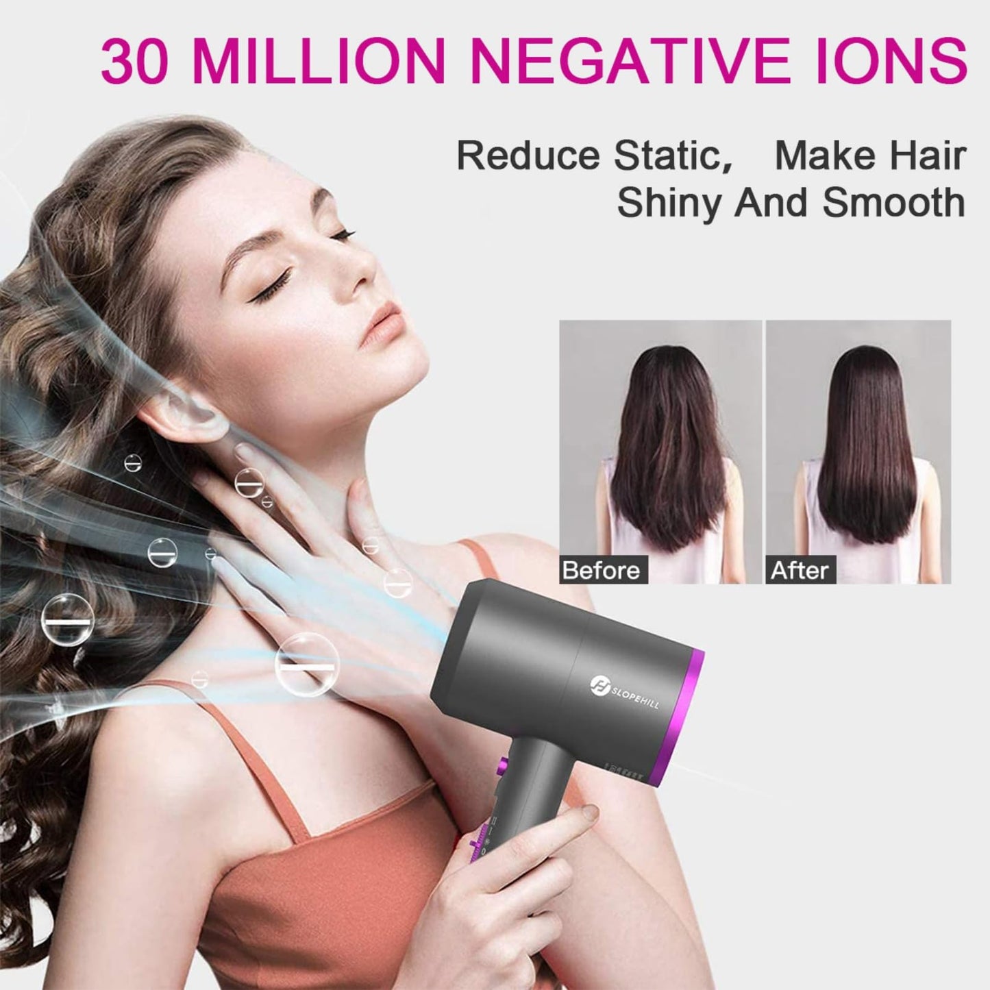 Ionen Föhn AC Motor 1800W Haartrockner, Slopehill Schnelltrocknen Hair Dryer, Salon Haarfön mit Heiß-/Kalttaste, 3 Fön Concentrators and Diffuser, 3 Temperatureinstellungen, 2-Gang(Violett)