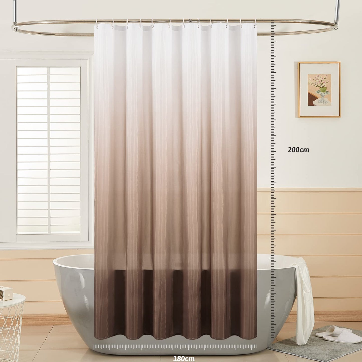 Furlinic Duschvorhang 180x200cm Textile Vorhänge aus Stoff Wasserdicht Anti-schimmel Waschbar Badezimmer Vorhang für Bad in Badewanne Weiß nach Taupe mit 12 Duschringe.