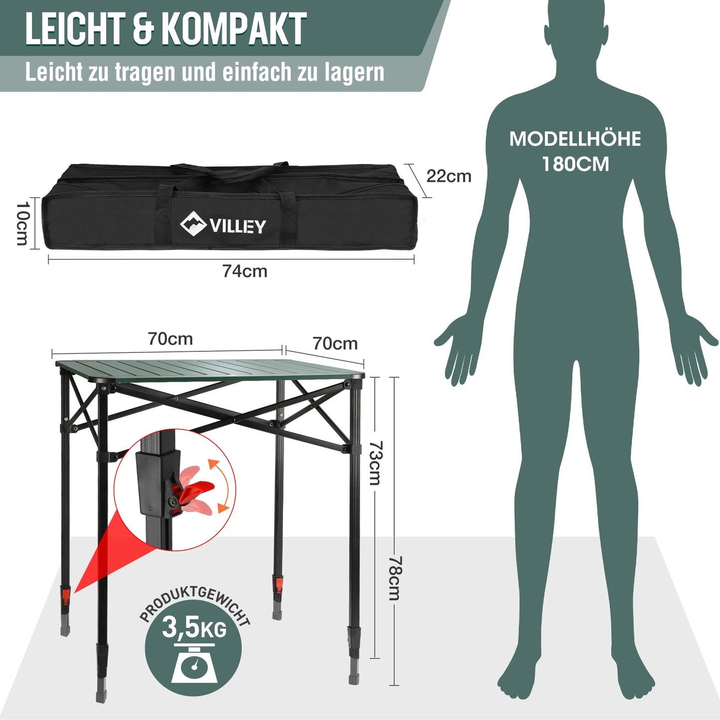 VILLEY Aluminium Klapptisch mit Tragetasche, klappbarer Campingtisch aus Alu, Faltbarer Balkontisch, Gartentisch für Picknick, Camping und Strand im Freien, 70 * 70 * 78cm