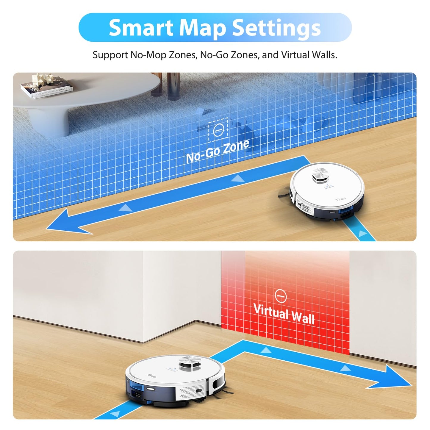 Tikom L9000 Saugroboter mit Wischfunktion, LiDAR Navigation, 4000Pa Staubsauger Roboter, 150Mins Max, Selbstaufladend, WLAN, 14 No-Go-Zonen, für Tierhaare, Teppich, Hartboden