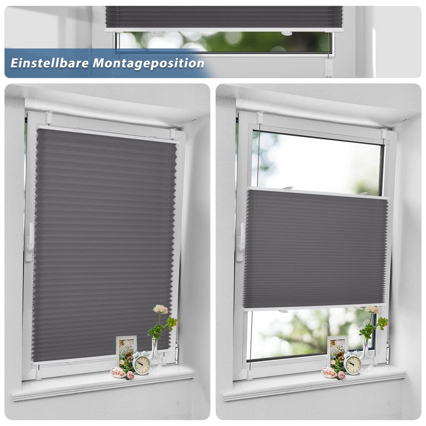 Sanfree Plissee Klemmfix Plisseerollo ohne Bohren Anthrazit B45 x H100cm inkl. Klemmträger Blickdicht und lichtdurchlässig Jalousie Faltrollo Sichtschutz und Sonnenschutz Rollo für Fenster & Tür