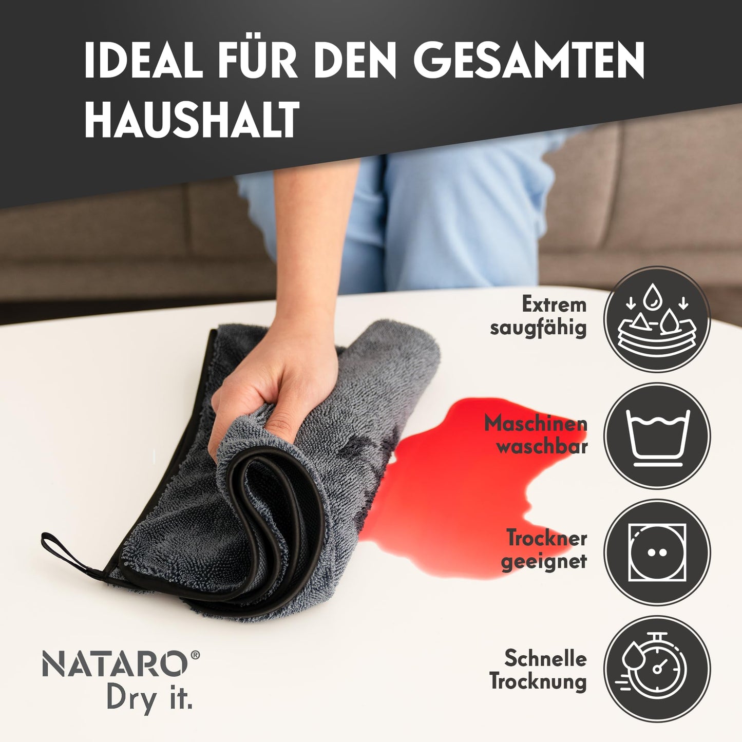 NATARO® 4 Stück Fast Dry it. Premium Trockentuch für Duschkabine, Auto, Haushalt, Camping – DAS ORIGINAL – extra saugfähiges Microfasertuch, fusselfrei, kratzfrei Shiny Wipes Tücher 40x50cm