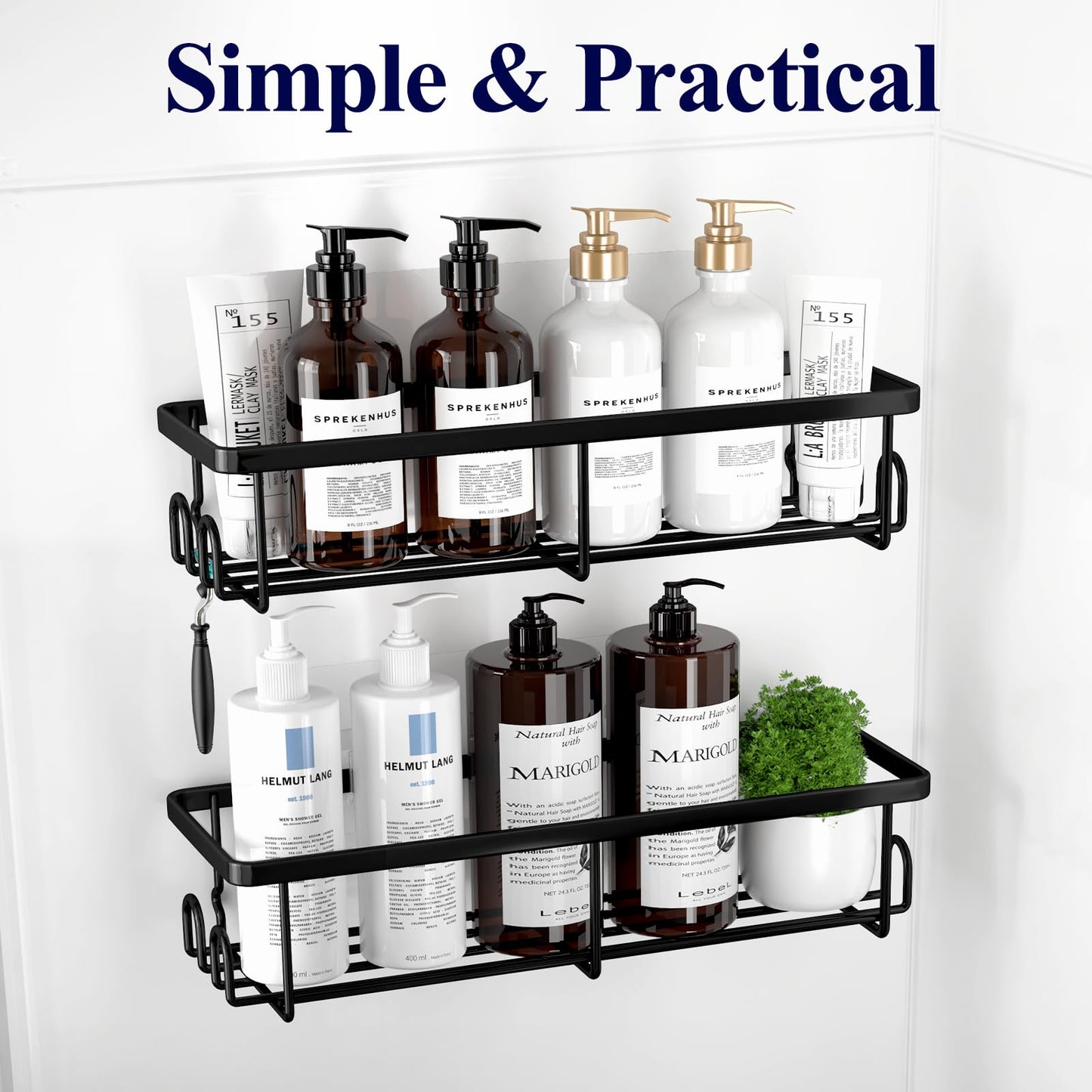 Kitsure Duschablage ohne Bohren - 2 Stück rostfreie Badezimmer Organizer, schnell trocknende Badregal, mit großer Kapazität, langlebige Shampoo Halterung für Dusche aus Edelstahl, Large, Schwarz