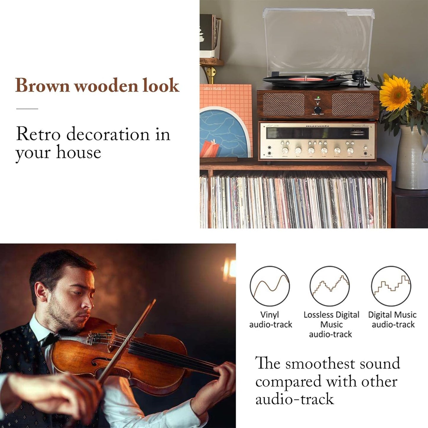 Udreamer Schallplattenspieler, Plattenspieler mit integrierten Lautsprechern und Bluetooth Riemenantrieb, Vintage-Phonograph mit 3 Geschwindigkeiten für Musikgenuss und Heimdekoration Kaffee