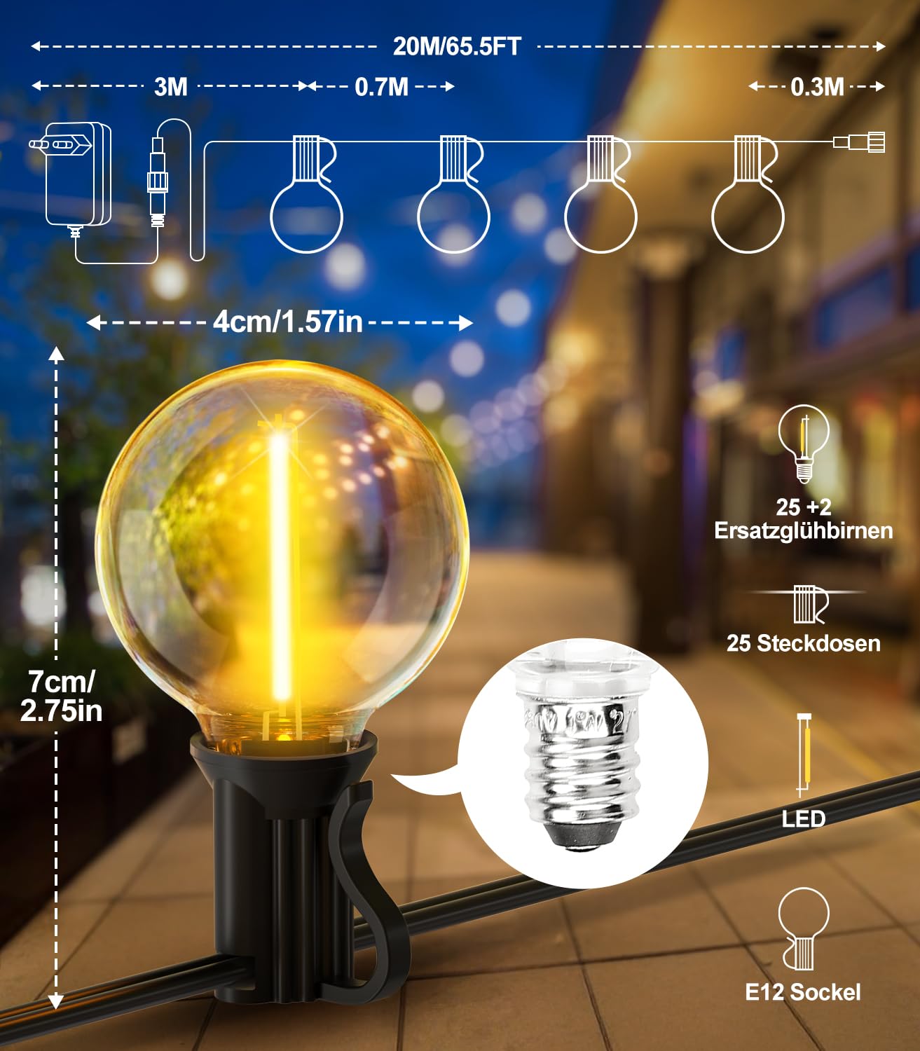 Lichterkette Led Außen Outdoor Strom: 20M Aussen Beleuchtung 65ft G40 Garten Glühbirnen Balkon Pavillon Lichterketten Terrasse Party String Lights IP44 Wetterfest mit Fernbedienung Gartenbeleuchtung