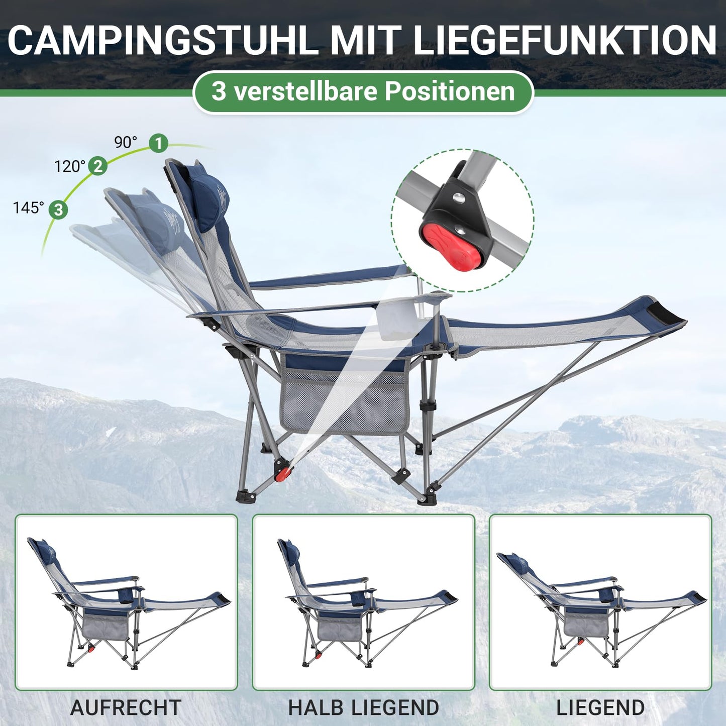 #WEJOY 2-in-1 Campingstuhl Faltbar, Strandstuhl mit Verstellbarer Rückenlehne & Fußstütze Angelstuhl Campingstühle für Erwachsene mit Wattepad Kissen Getränkehalter Armlehnentaschen Marine/Grau