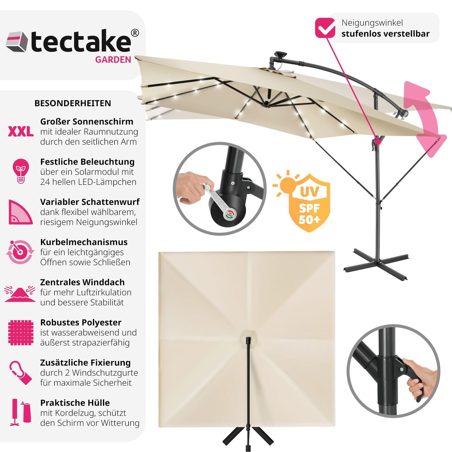 tectake® Sonnenschirm rechteckig, mit Solar LED Beleuchtung, wasserabweisend, inkl. Schutzhülle und Kurbel, Ampelschirm, Sonnenschutz Terrasse, Balkon Sonnenschirm groß, Marktschirm, Ø250cm - beige