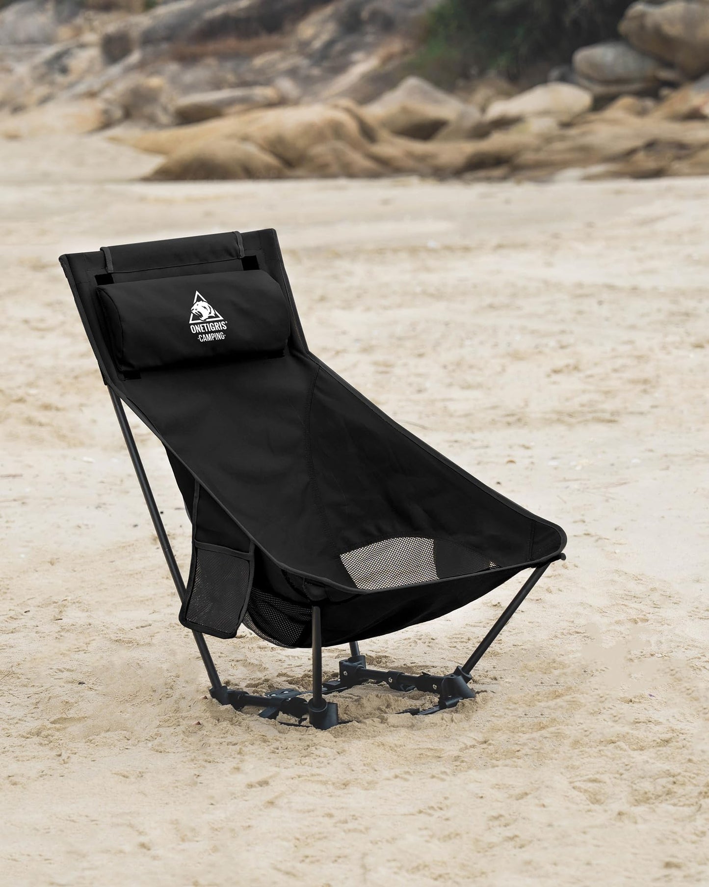 OneTigris DRAGONHIDE Campingstuhl Hochlehner faltbar 125 kg, Klappstuhl Camping leicht, Angelstuhl klappbar mit 2 Seitentaschen, Faltstuhl Ultraleicht für Outdoor, Wandern(Schwarz)