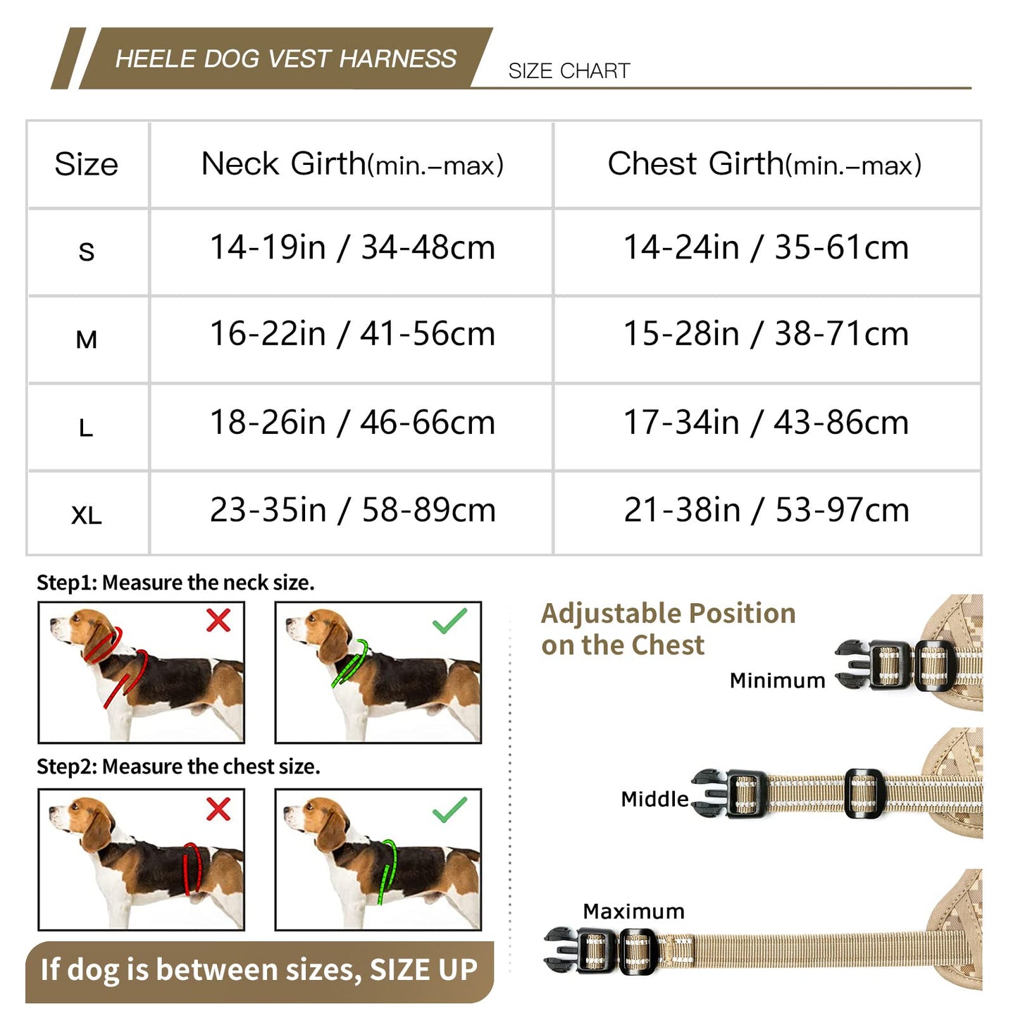 HEELE Hundegeschirr, Hundegeschirr für Grosse Hunde, Freigabe am Hals, Vorderseite Rückseite Clips Hundegeschirr Einstellbar Reflektierend Anti Zug Hundegeschirr mit Gepolstert Grifff, Tarn-Wüste, L