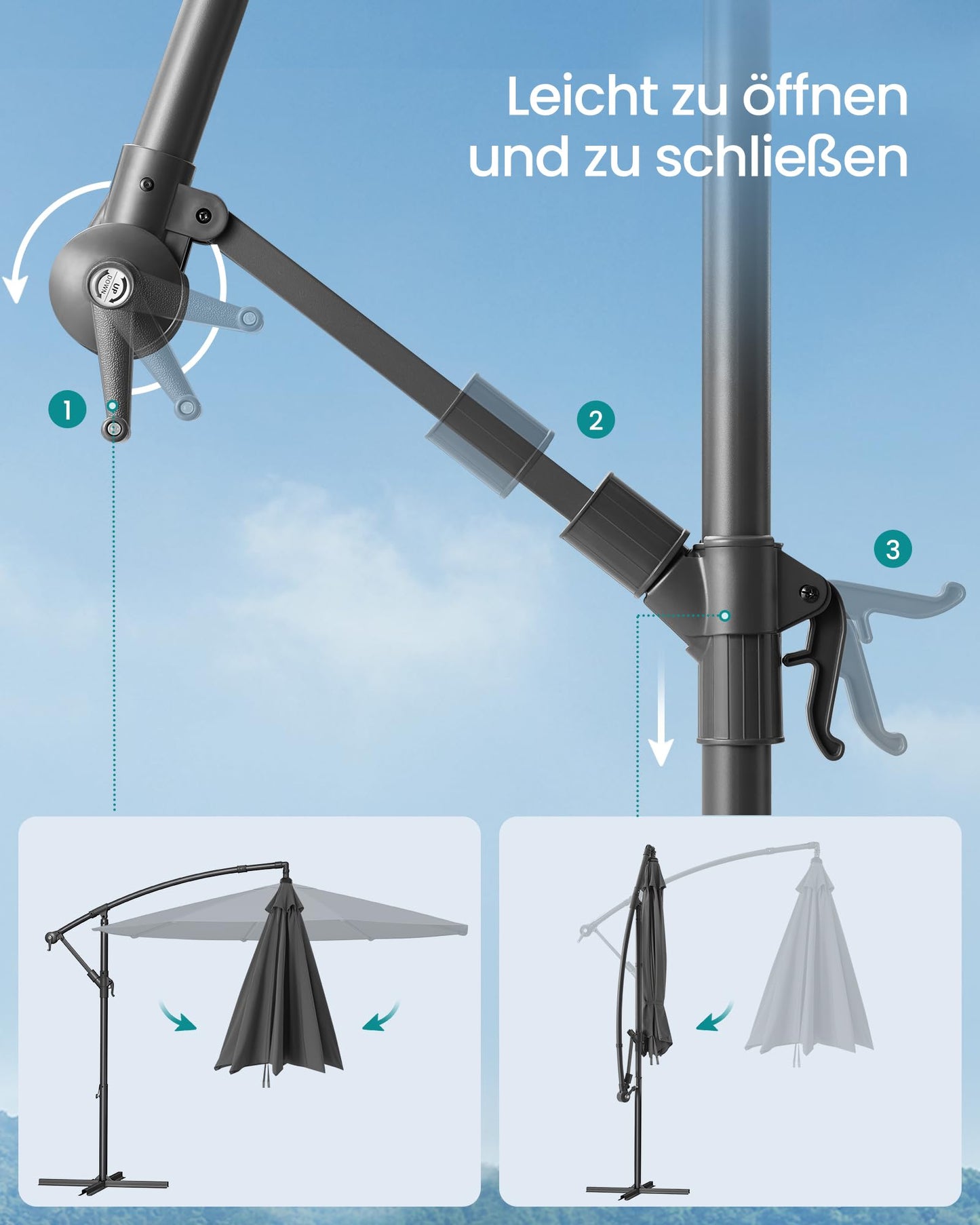 SONGMICS Sonnenschirm, Ampelschirm 300 cm d, mit Ständer, Sonnenschutz Balkon, Balkonschirm, UV-Schutz UPF 50+, mit Kurbel zum Öffnen und Schließen, für Terrasse, Garten, grau GPU116G01