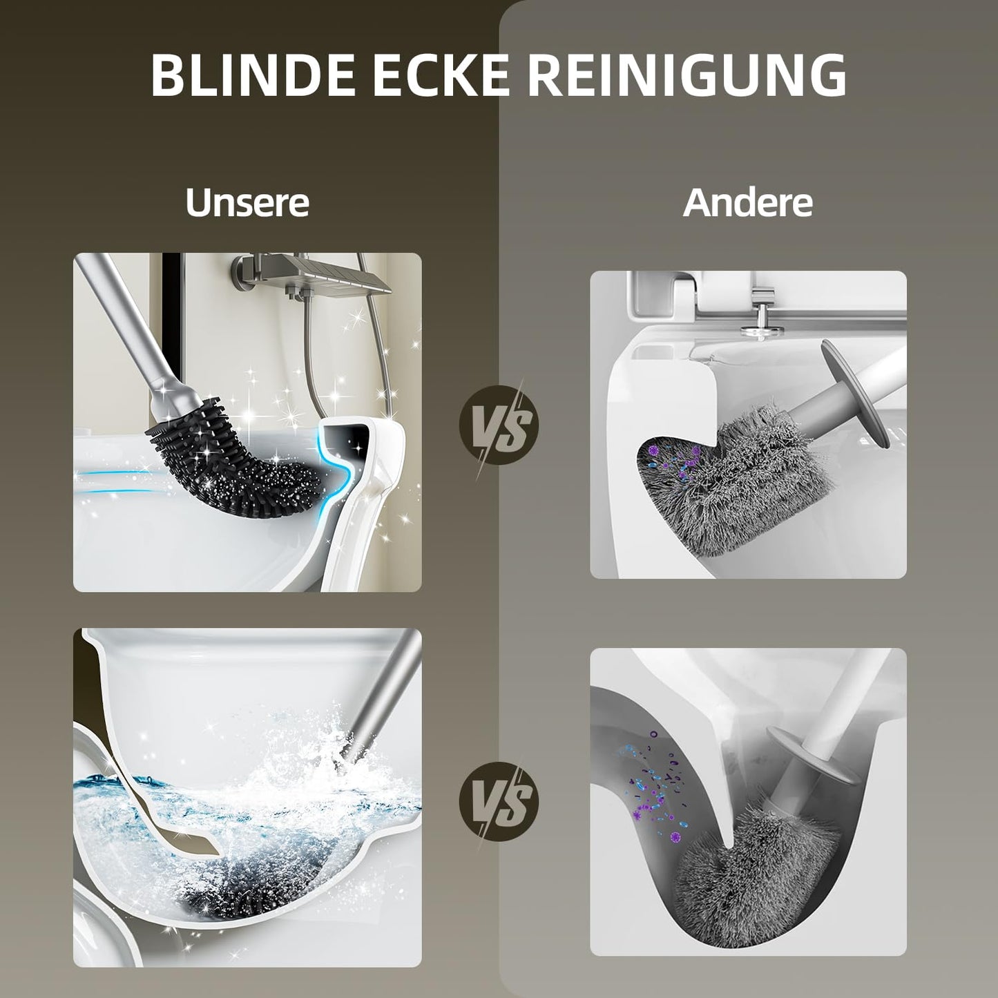 ASOBEAGE Silikon Toilettenbürste: Flexibler Kopf, Langer Griff, Wandmontage, schnell trocknende Halterung für die Reinigung des Badezimmers (Silber)