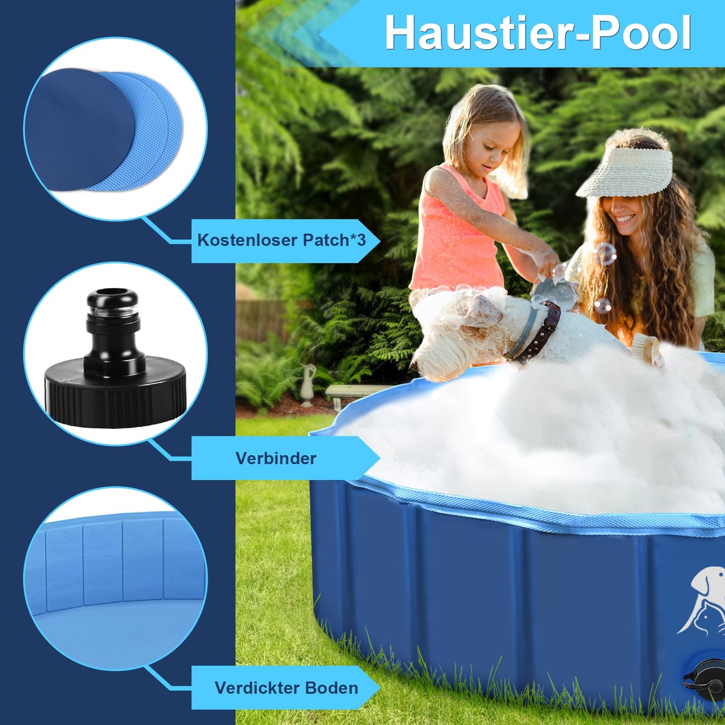 Fwiull Hundepool für Große & Kleine Hunde, Faltbarer Hunde Planschbecken 140 * 30CM Hundebadewanne Stabiler Swimmingpool Haustier Kind Schwimmbecken rutschfest Tragbar Blau