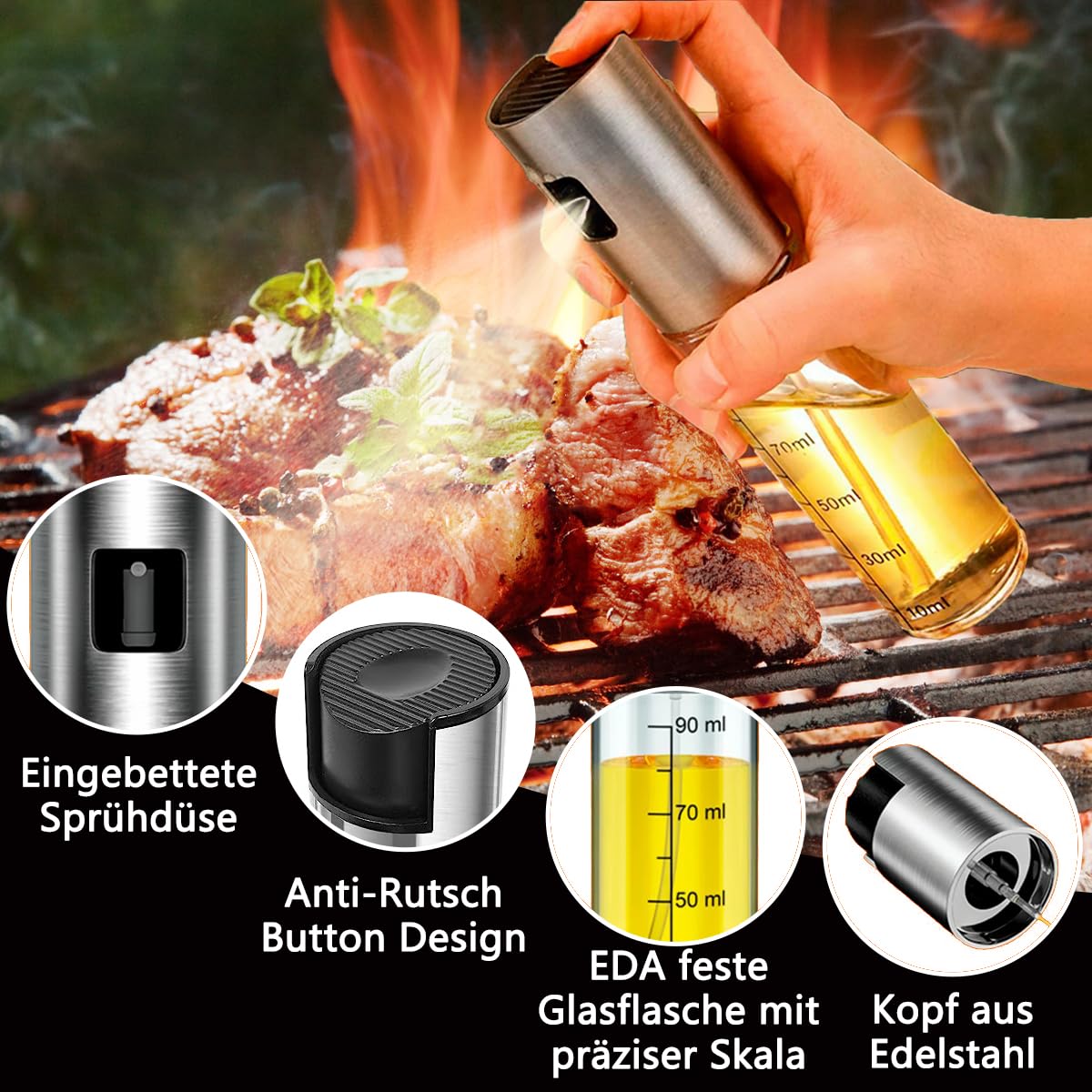 BETA NOBLE〖Verstärkte〗Ölsprüher zum Kochen, Öl Sprühflasche, Ölspray zum Kochen, Olivenölsprüher für Salat, Grillen, Backen in der Küche
