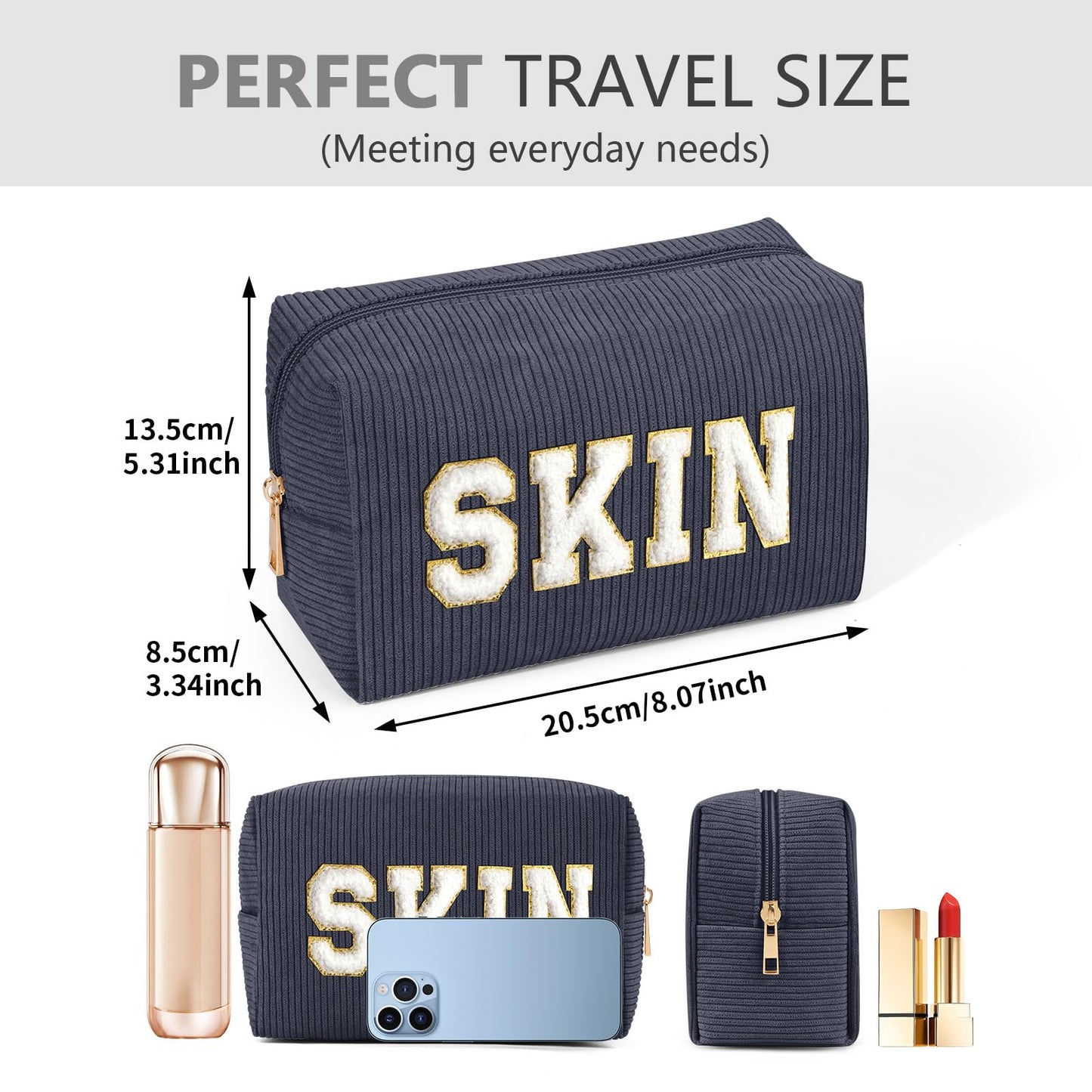 MAGEFY Chenille Letter Kleine Make up Tasche Cord Kosmetiktasche mit Innentasche Reise Schminktasche Kosmetiktasche Klein für Handtasche Damen, Schwarz-Skin