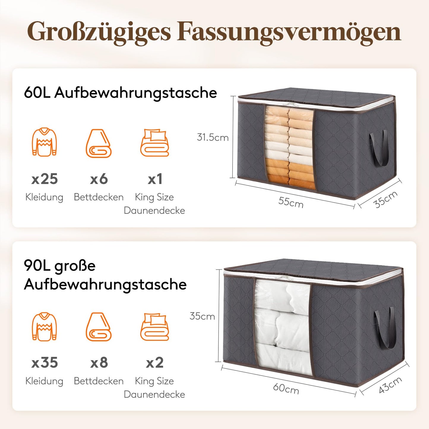Lifewit 6 Stück Aufbewahrungstasche, Aufbewahrungsbox mit Deckel, Kleiderschrank Organizer Faltbare Kleideraufbewahrung Umzugskartons mit Verstärkt Griff für Bettdecken Kleidung Decke, Grau