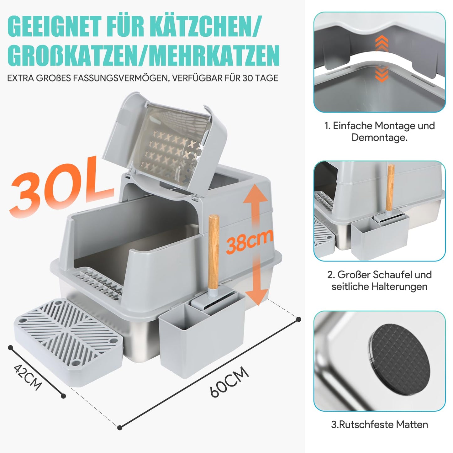INSMEER Katzenklo Edelstahl mit Deckel, 30L Katzentoilette XXL Gross, mit Schaufel/Top Öffnung, geräumig für Katze bis 15 KG, auslaufsicher weniger Spuren, Leicht zu reinigen, 60 * 42 * 38CM