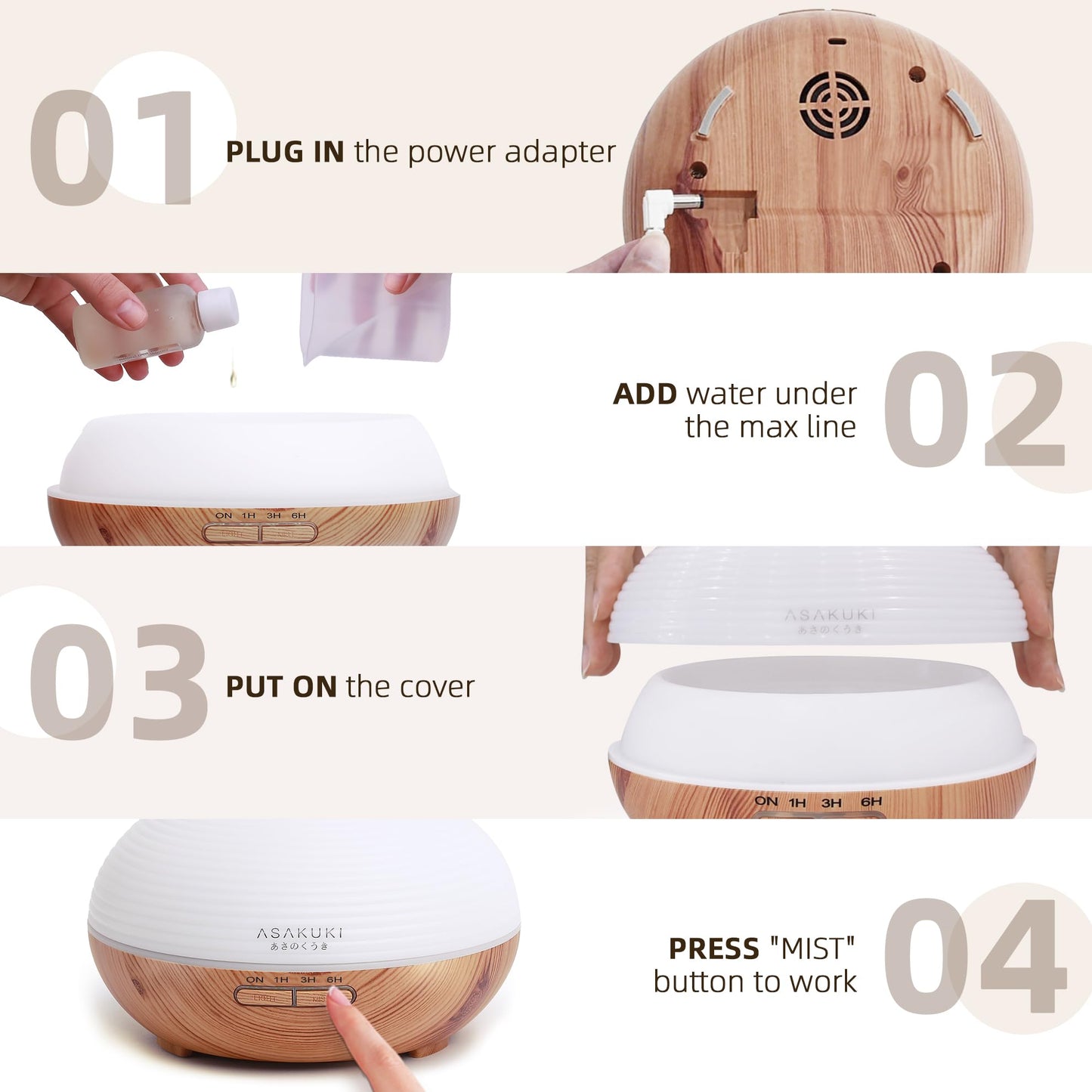 ASAKUKI 300ml Aroma Diffuser für Duftöle, Premium Ultraschall Luftbefeuchter Aromatherapie Öle Diffusor mit 7 farbigem LED Licht, BPA Free Schlafzimmer, Büro, Spa