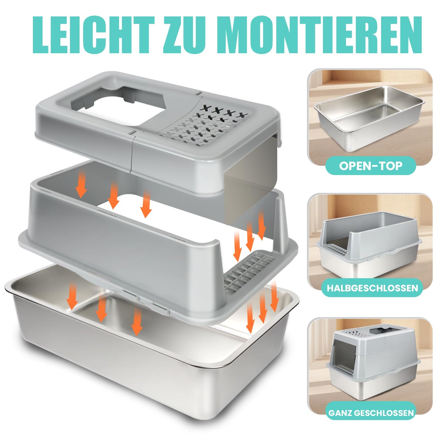INSMEER Katzenklo Edelstahl mit Deckel, 30L Katzentoilette XXL Gross, mit Schaufel/Top Öffnung, geräumig für Katze bis 15 KG, auslaufsicher weniger Spuren, Leicht zu reinigen, 60 * 42 * 38CM