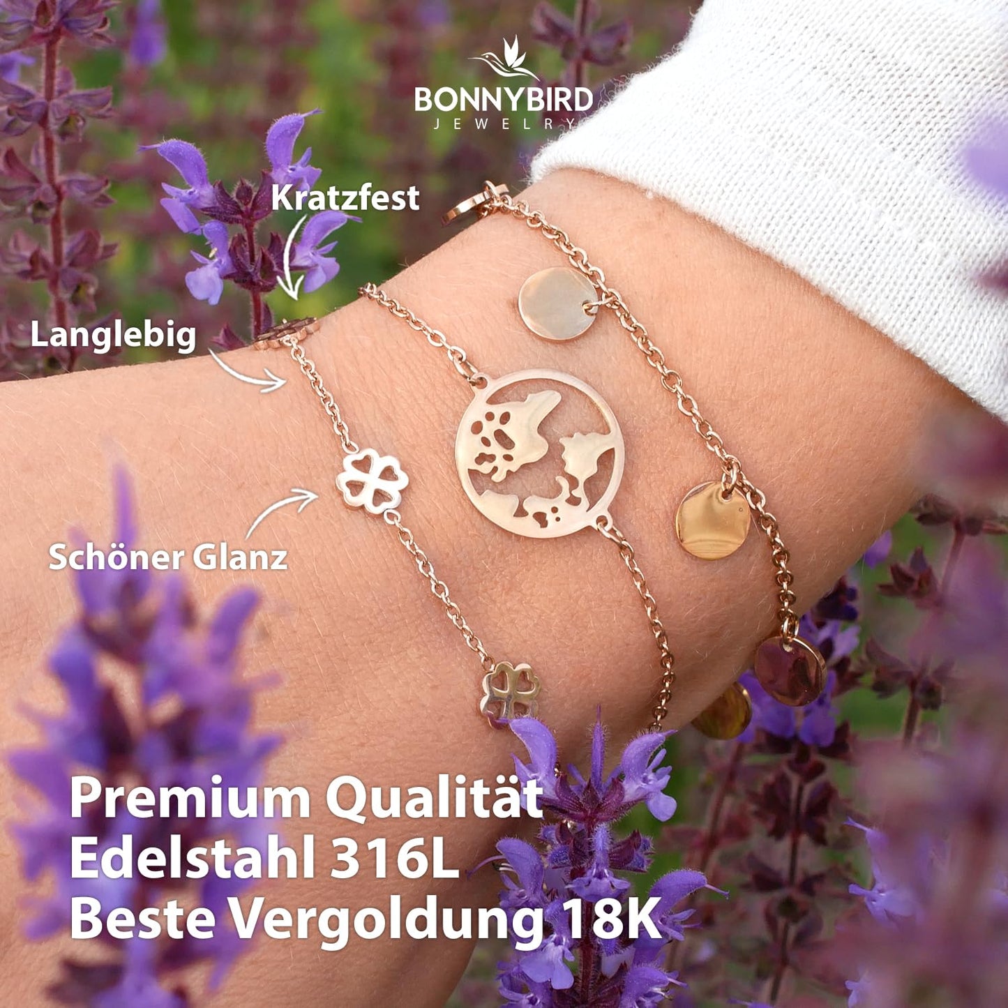 BONNYBIRD® Armband Kleeblatt Glücksbringer Prüfung - Viel Glück Prüfung Geschenk, Glücksbringer Kleeblatt Armband Damen Rosegold, Glücksarmband Damen