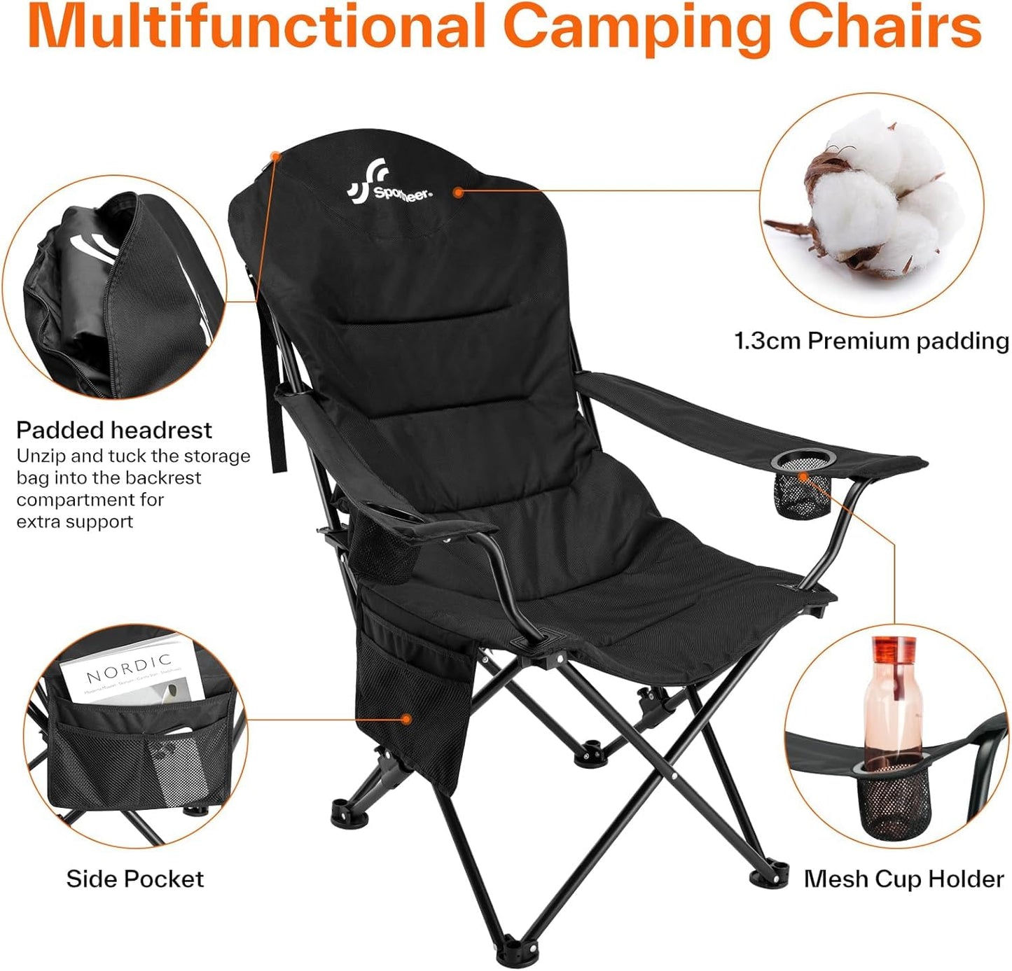 Sportneer Campingstuhl Faltbar Klappstuhl: Klappstuhl Camping bis 160 kg 3 Verstellbar Winkel Camping Stuhl Angelstuhl mit Rückenlehne Kopfstütze und Tragetasche, Faltstuhl Camping, Schwarz 2er-Pack