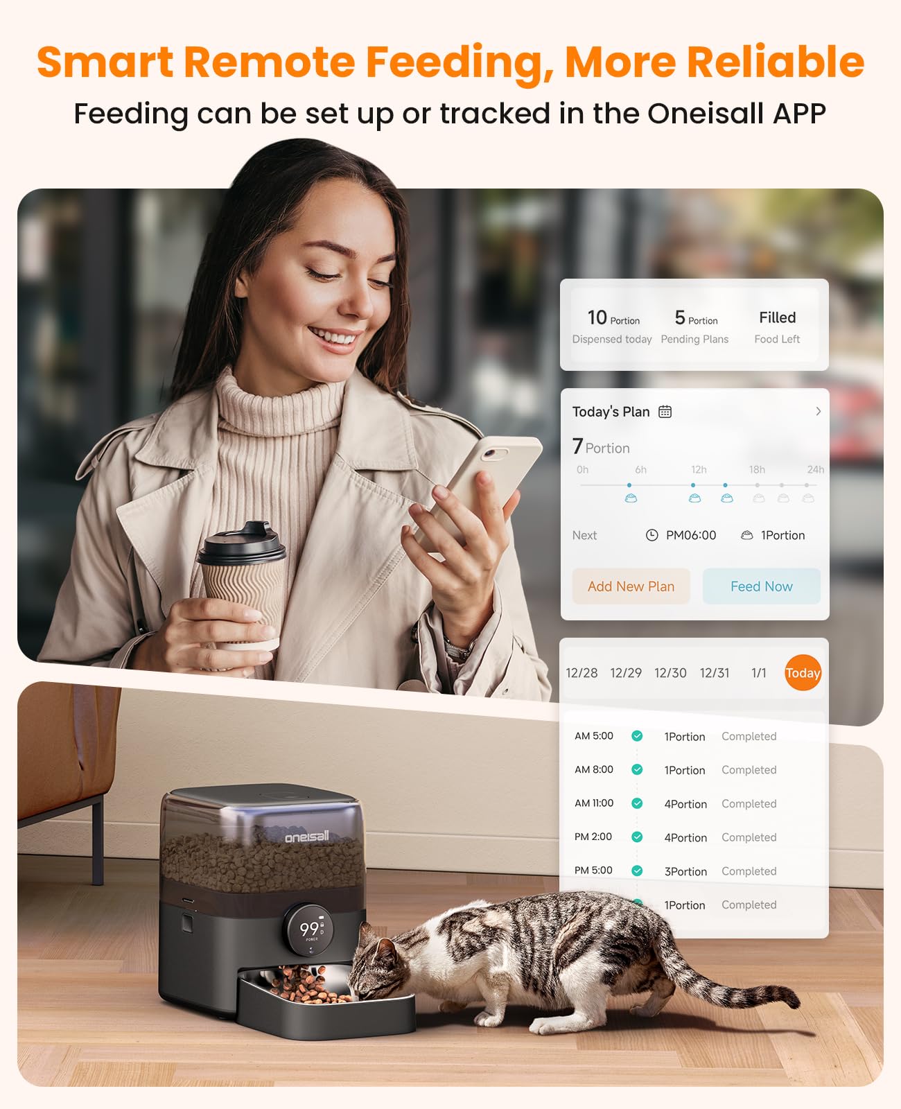 oneisall 3L Futterautomat Katze Kabellos, Katzenfutter Automat, 2.4G WiFi, APP-Steuerung, 100 Tage Lithium-Batterielaufzeit, 1-10 Mahlzeiten/Tag, Futterspender für Katze, mit 304 Edelstahlnapf
