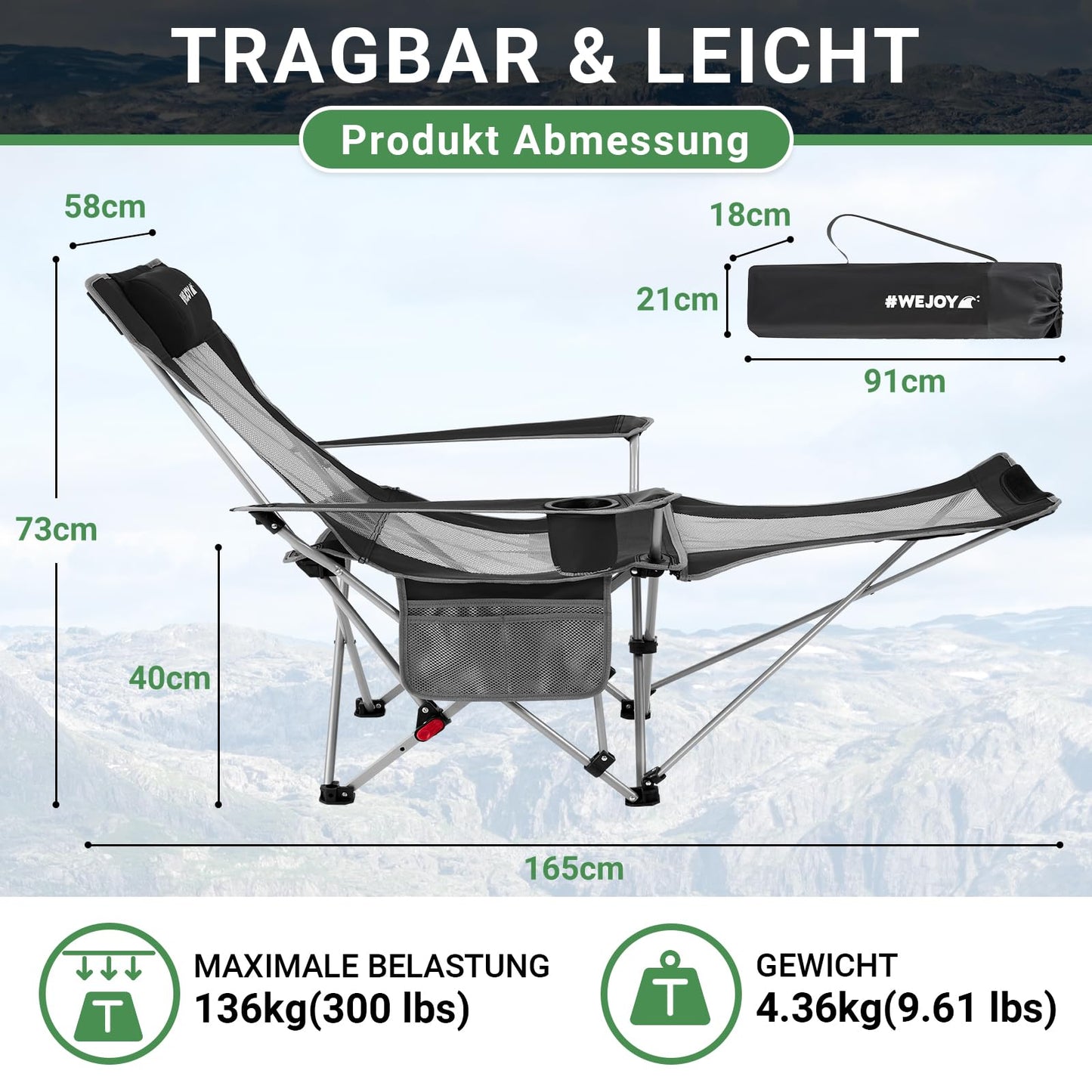 #WEJOY 2-in-1 Campingstuhl Faltbar mit Verstellbarer Rückenlehne & Fußstütze Campingstuhl Outdoor, Strandstuhl liegestuhlmit Wattepad Kissen Getränkehalter Armlehnentaschen Schwarz/Grau