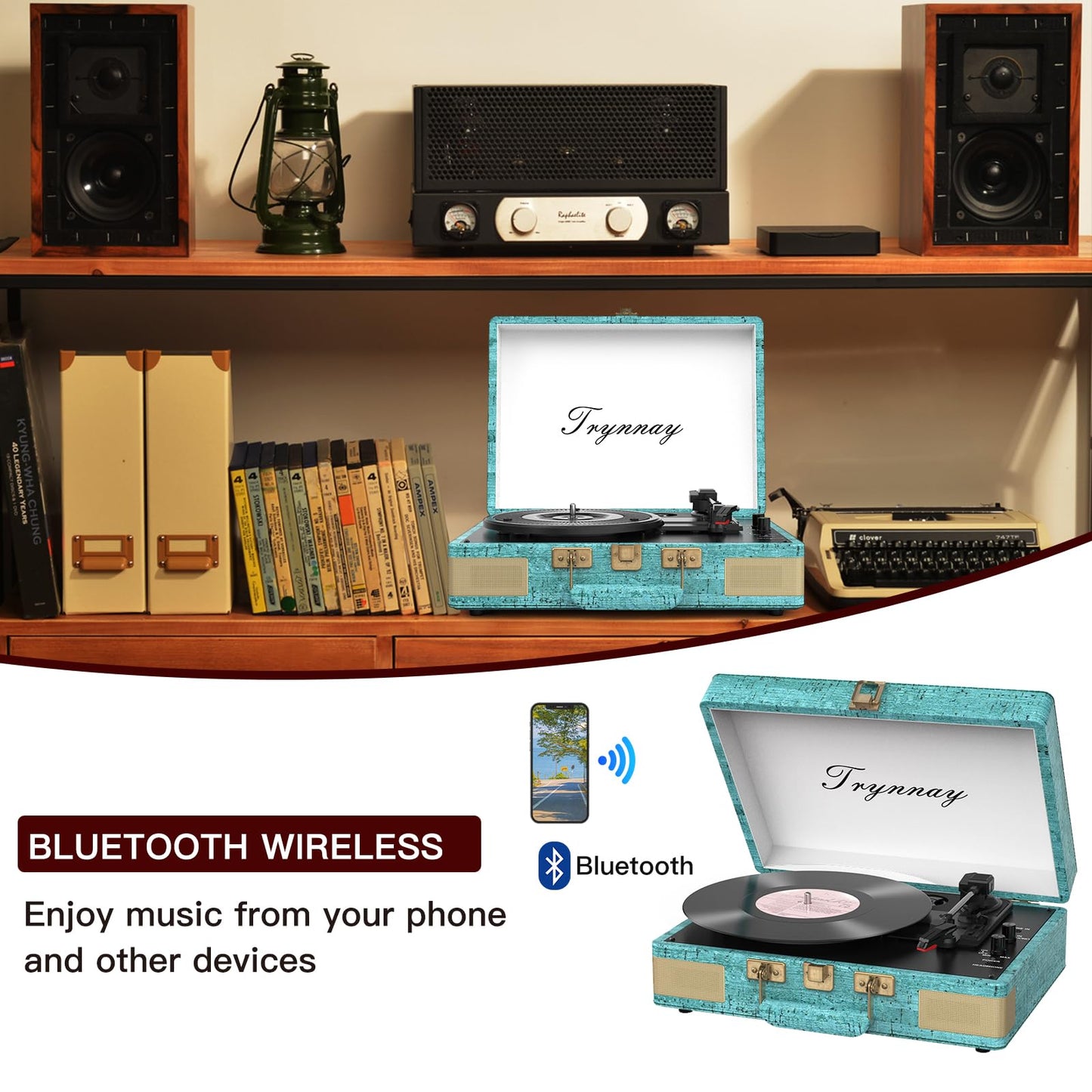 Trynnay Plattenspieler Schallplattenspieler 3-Gang-Bluetooth, tragbarer Koffer-Vinyl-Player mit integrierten Lautsprechern, Plattenspieler, verbesserter Audio-Sound, Gewachstes Leder Retro Blau