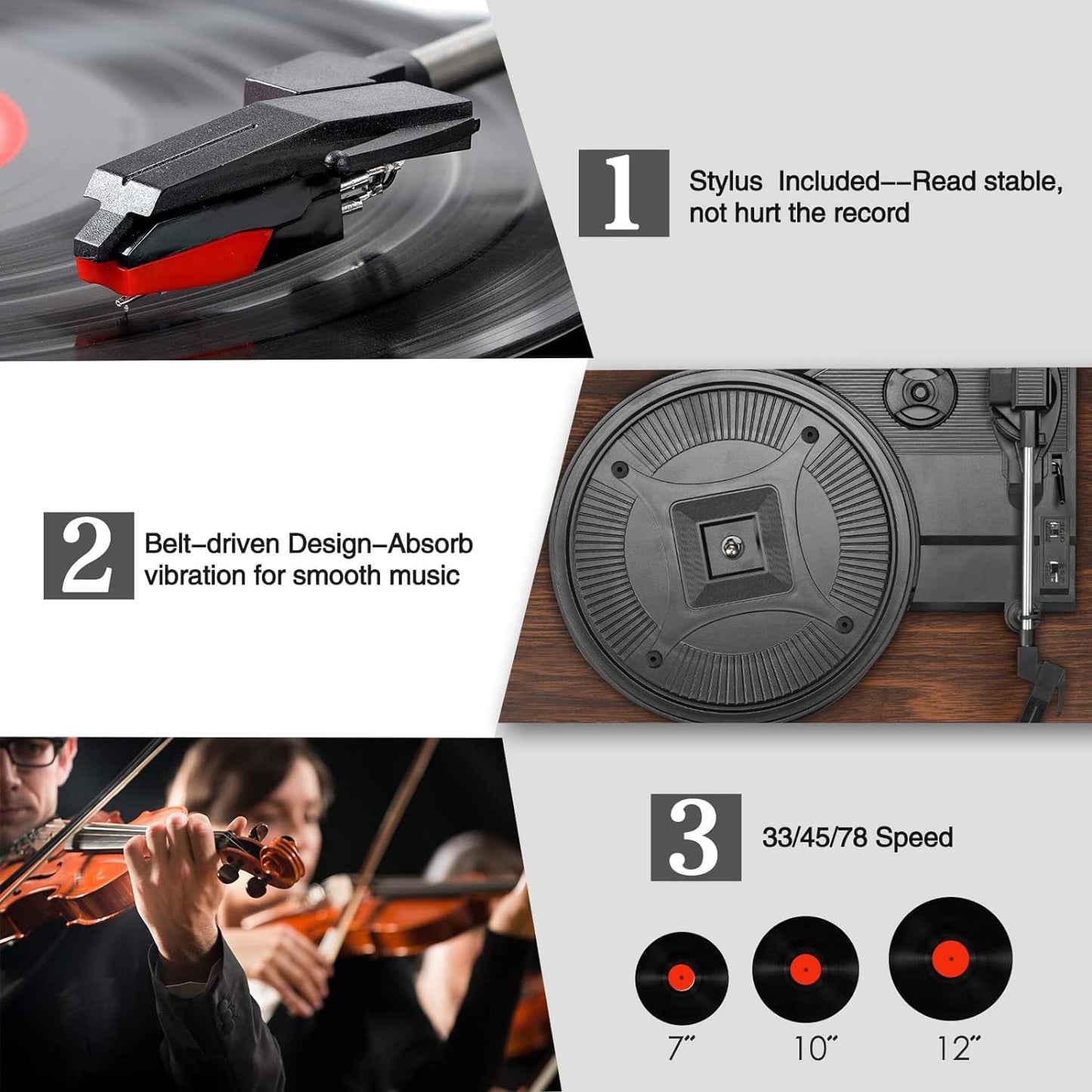 Udreamer Schallplattenspieler, Plattenspieler mit integrierten Lautsprechern und Bluetooth Riemenantrieb, Vintage-Phonograph mit 3 Geschwindigkeiten für Musikgenuss und Heimdekoration Kaffee