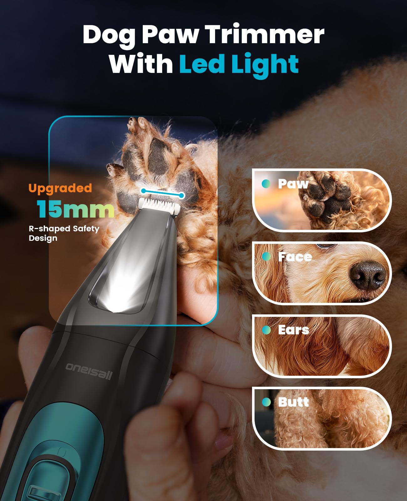 oneisall 4in 1 Leise Schermaschine Hund Katze mit LED-Licht, 2025 Neue Version Tierhaarpflege zum Hundeschermaschine& Pfotentrimmer& Krallenschleifer, 2000mAh Wiederaufladbar Hundehaarschneidemaschine