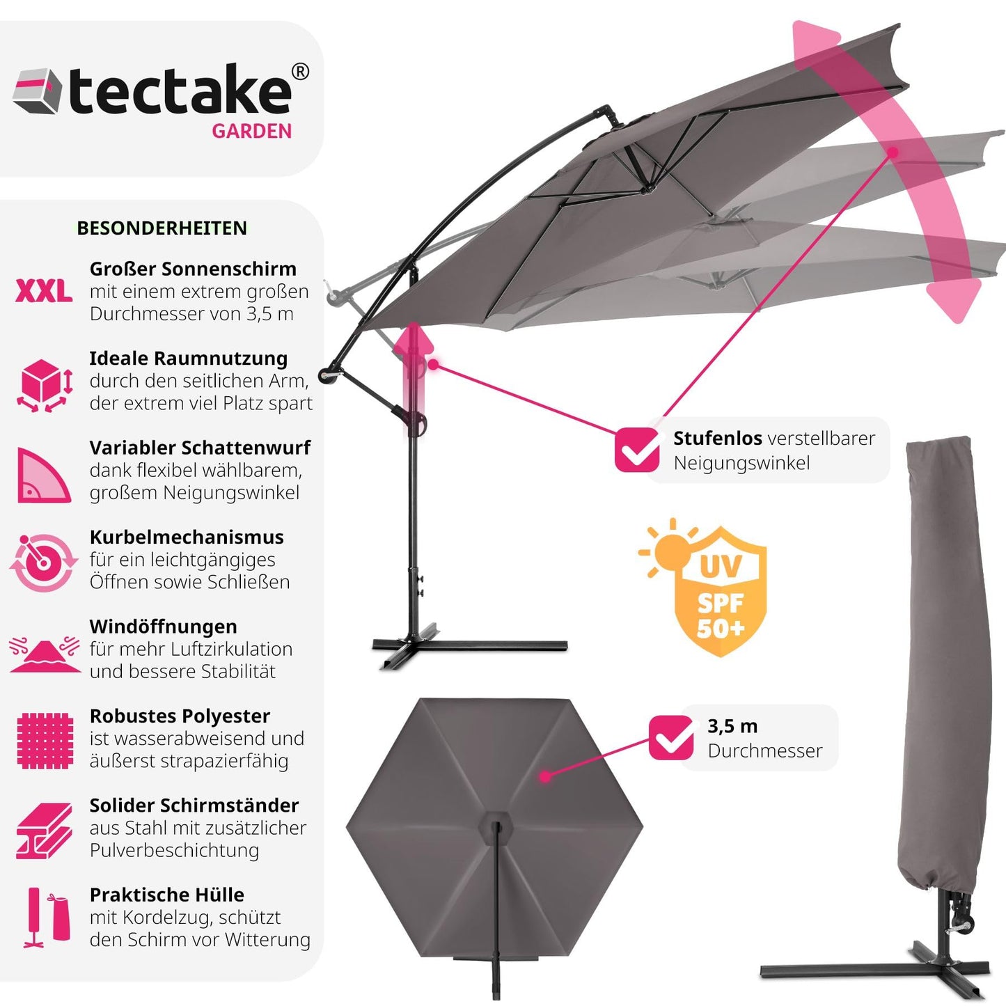 tectake Sonnenschirm mit Ständer, Ø 350 cm, Sonnenschutz für Balkon, Garten und Terrasse inkl. Schutzhülle, Ampelschirm groß mit Kurbel-Seilsystem, Schirm mit stabilem Gestell - grau