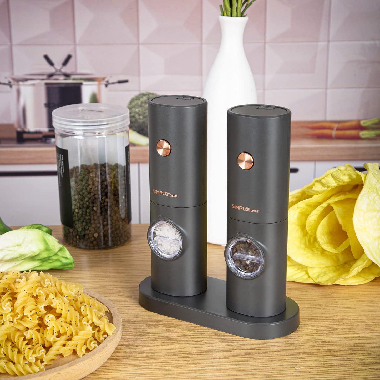 Salz und Pfeffer Mühle Elektrische, SIMPLETASTE 2er Set Gewürzmühlen Batteriebetrieb mit 4 AAA Einstellbarem Keramikmahlwerk