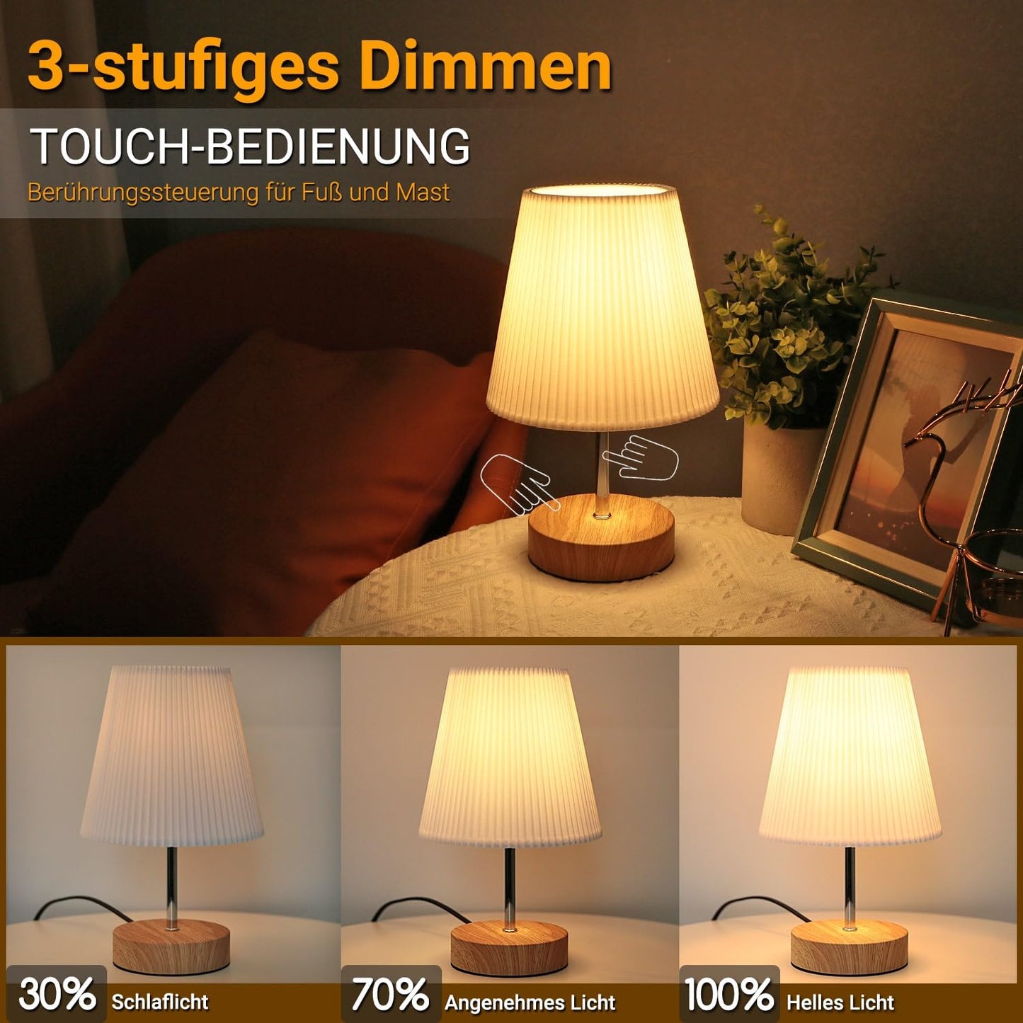 Nachttischlampe Touch Dimmbar, HSLighting Tischlampe Touch Dimmbare Glühbirne 3 Helligkeitsstufen Einstellbar Schreibtischlampe Minimalistische Tischleuchte für Nachttisch Schlafzimmer Lesen Wohnzimme