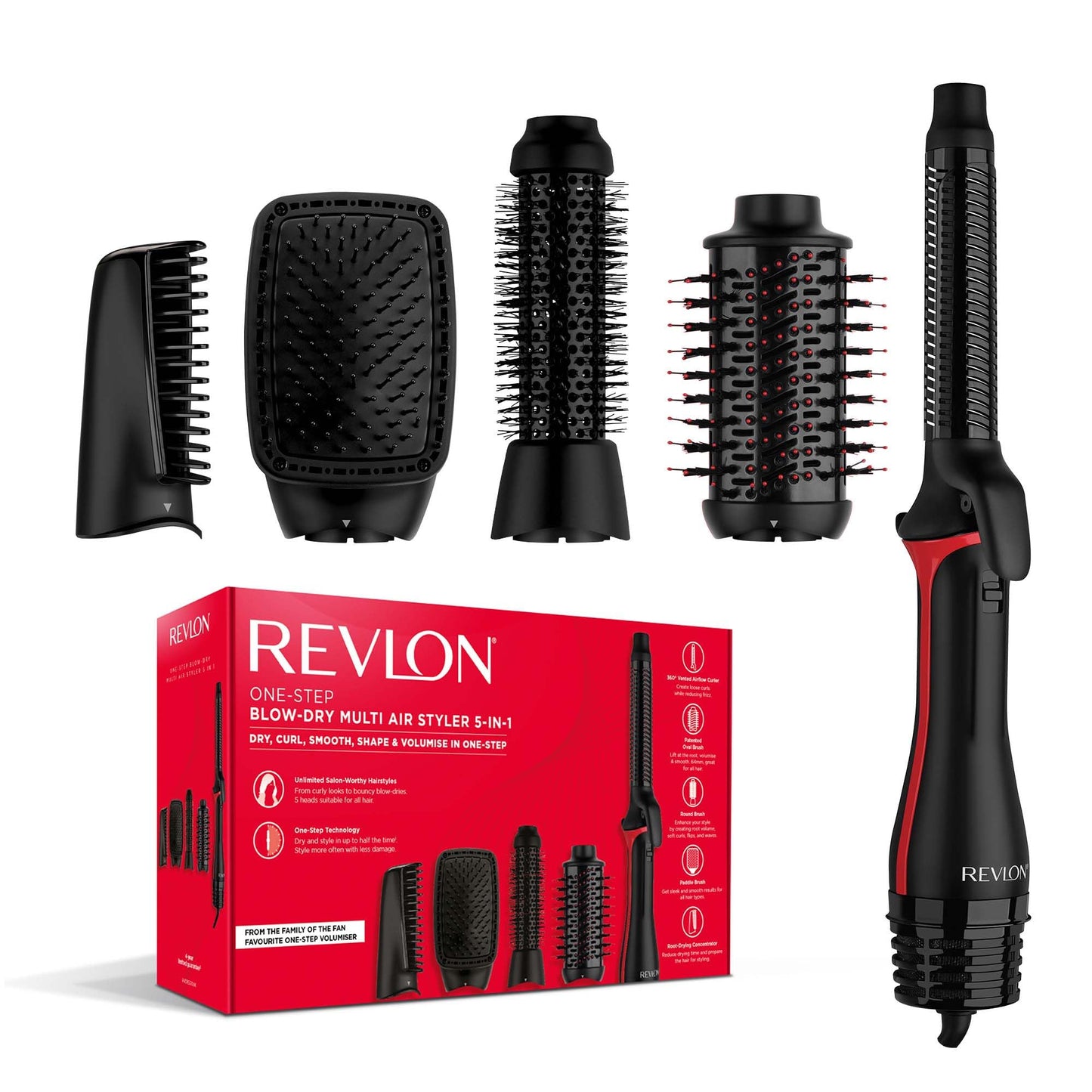 REVLON 5-in-1 One-StepTM-Haartrockner und Multi-Styler (abnehmbare Köpfe, Lockenaufsatz, Trockner, Volumiser, Styler, Formgeber). RVDR5370