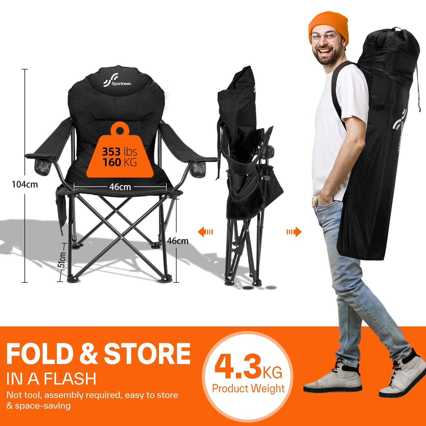 Sportneer Campingstuhl Faltbar Klappstuhl: Klappstuhl Camping bis 160 kg 3 Verstellbar Winkel Camping Stuhl Angelstuhl mit Rückenlehne Kopfstütze und Tragetasche, Faltstuhl Camping, Schwarz 2er-Pack