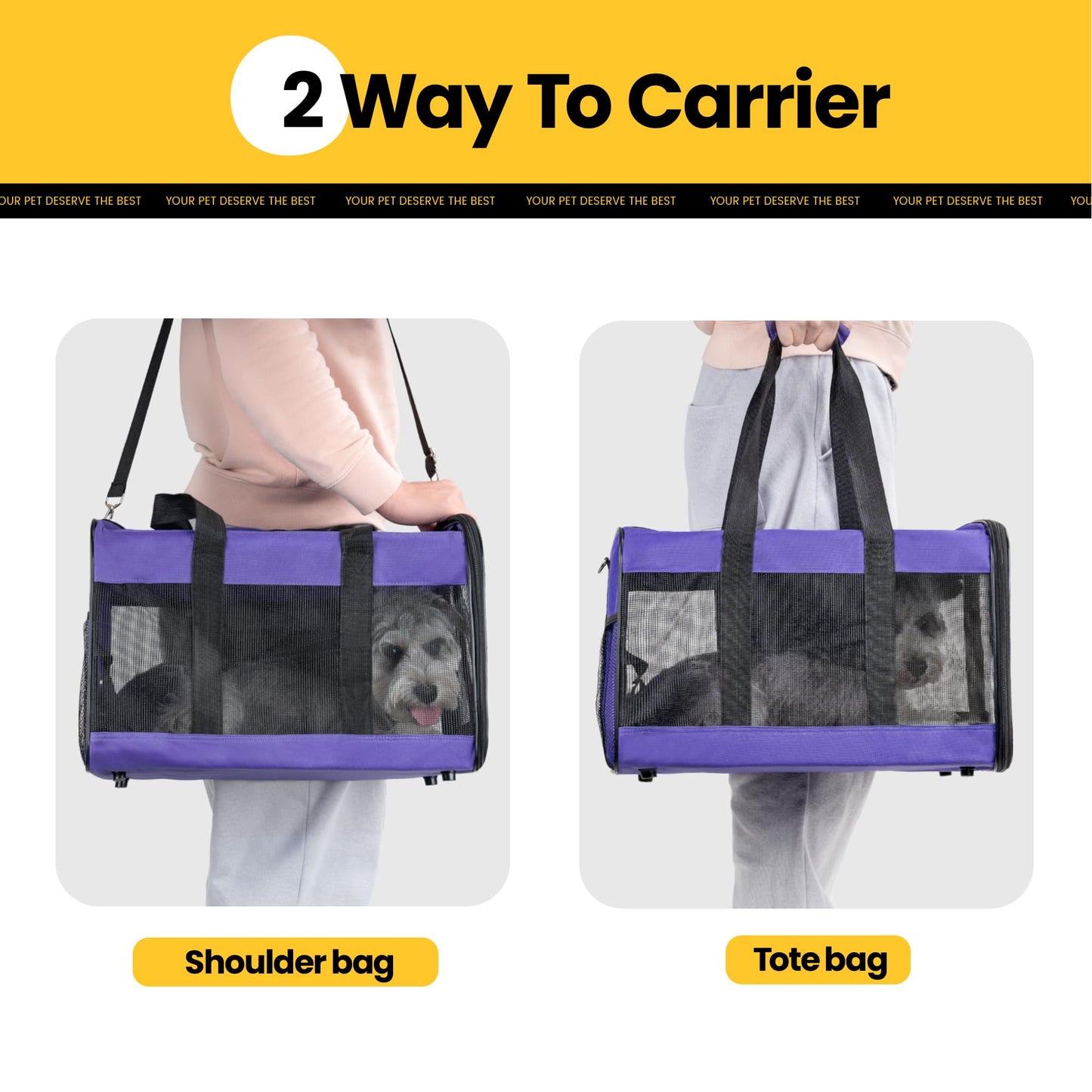Conlun Hundetransportbox Weichseitig, Große Tasche für Katzen mit Innenleine, Transport für große Katzen und mittelgroße Hunde bis 9 kg, Zusammenklappbare Reisetasche für Welpen -Lila,L