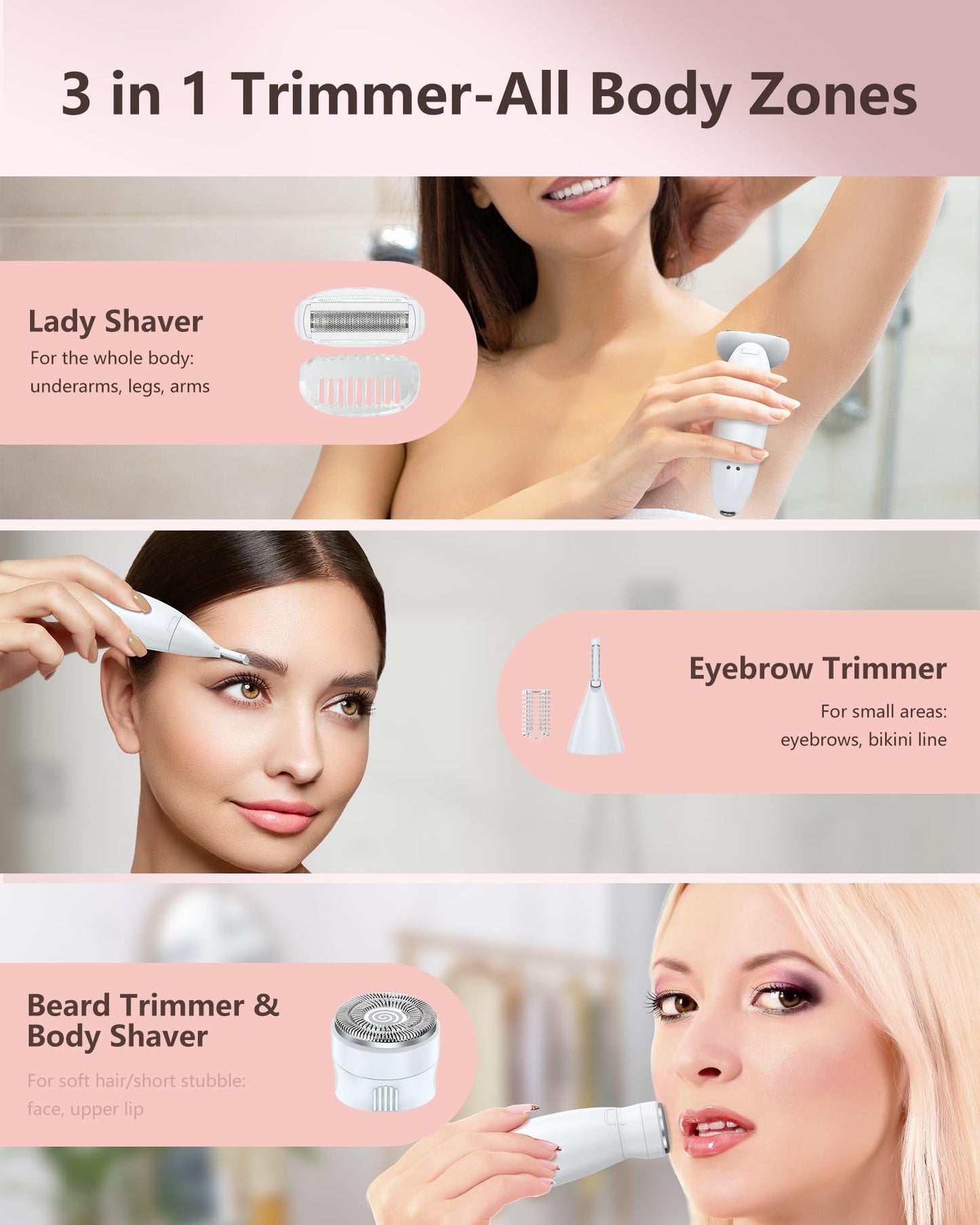 Rasierer Damen,3-In-1 Intimrasierer für Frauen,Gesichtshaarentferner für Frauen,Damenrasierer Elektrisch Nass-Trockenrasierer Ipx7 Wasserdicht Trimmer Damen,für Bikinizone Achseln Beine,USB-Aufladung