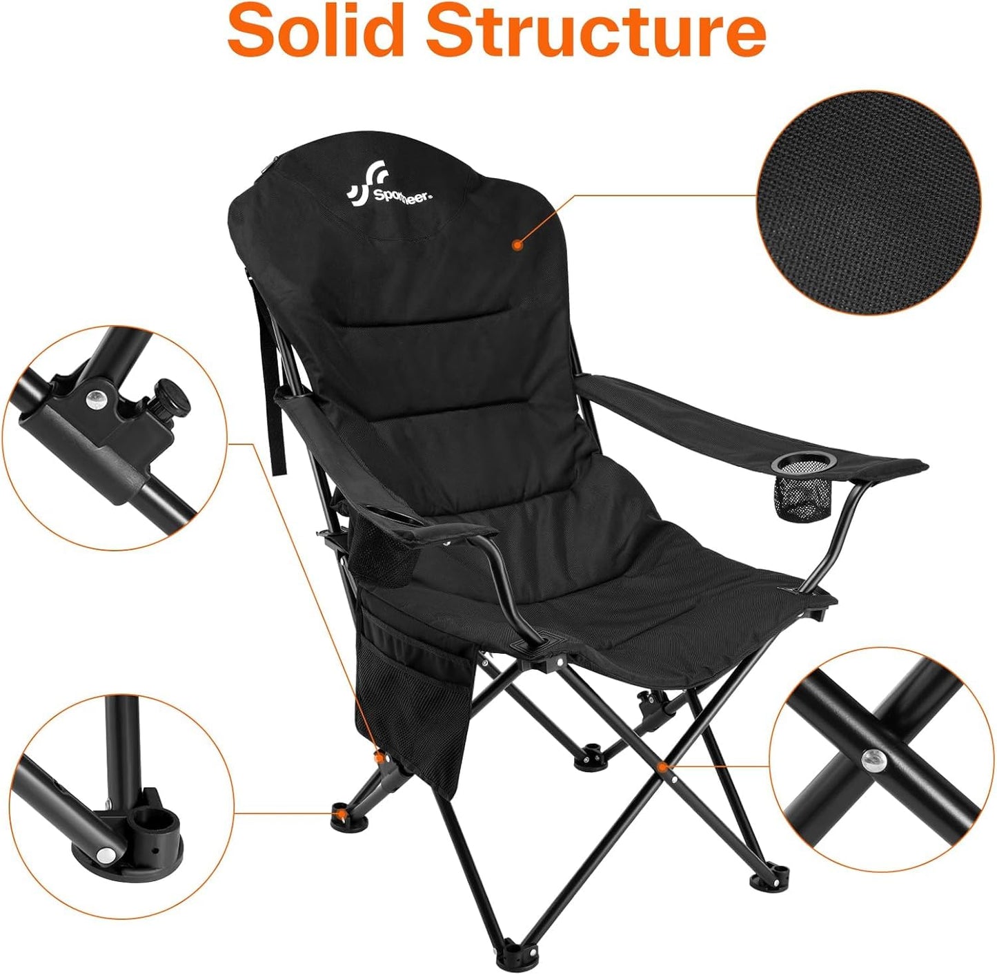 Sportneer Campingstuhl Faltbar Klappstuhl: Klappstuhl Camping bis 160 kg 3 Verstellbar Winkel Camping Stuhl Angelstuhl mit Rückenlehne Kopfstütze und Tragetasche, Faltstuhl Camping, Schwarz 2er-Pack