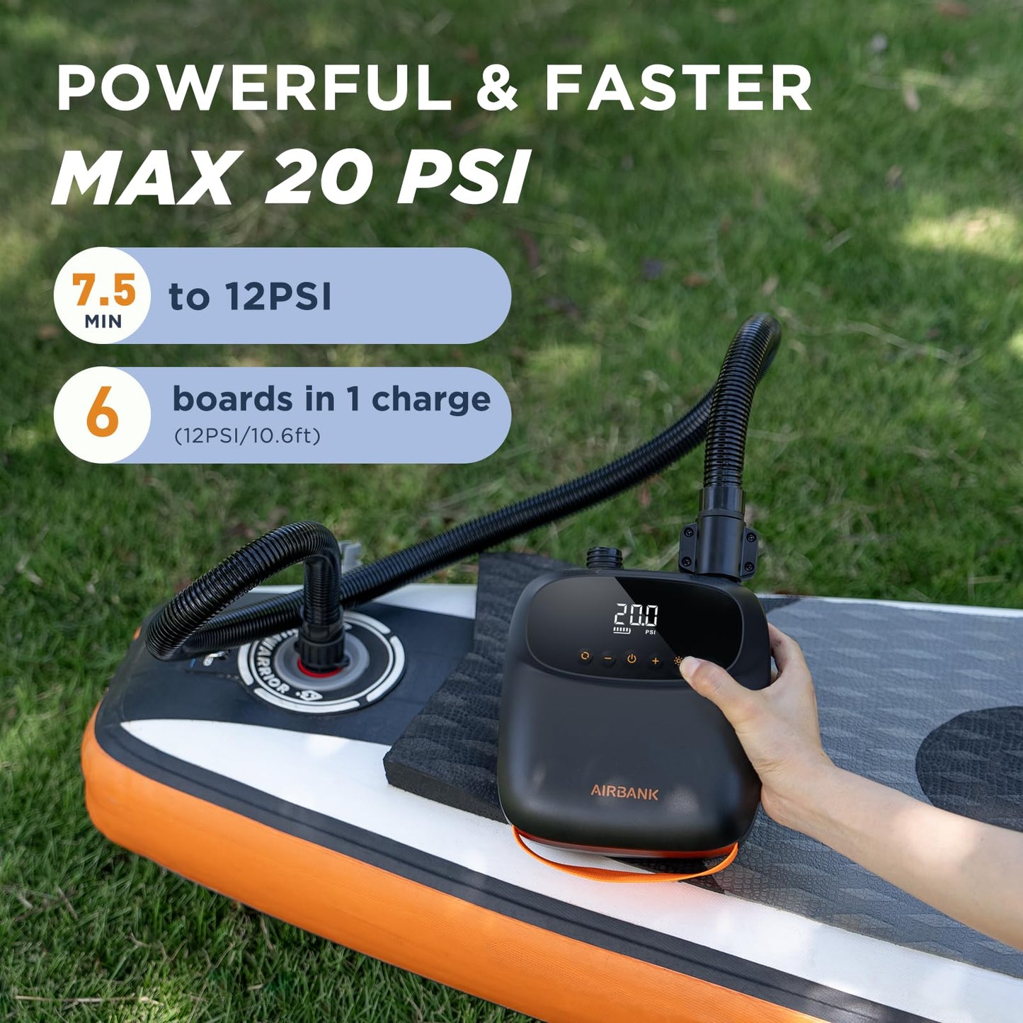 AIRBANK Elektrische Luftpumpe SUP Pumpe mit Akku Der Puffer Pro, Wiederaufladbare Dual Stage Auto Off Luftpumpe für Paddleboard, Wing Foil & Kite, Zelt, Matratze (Orange)