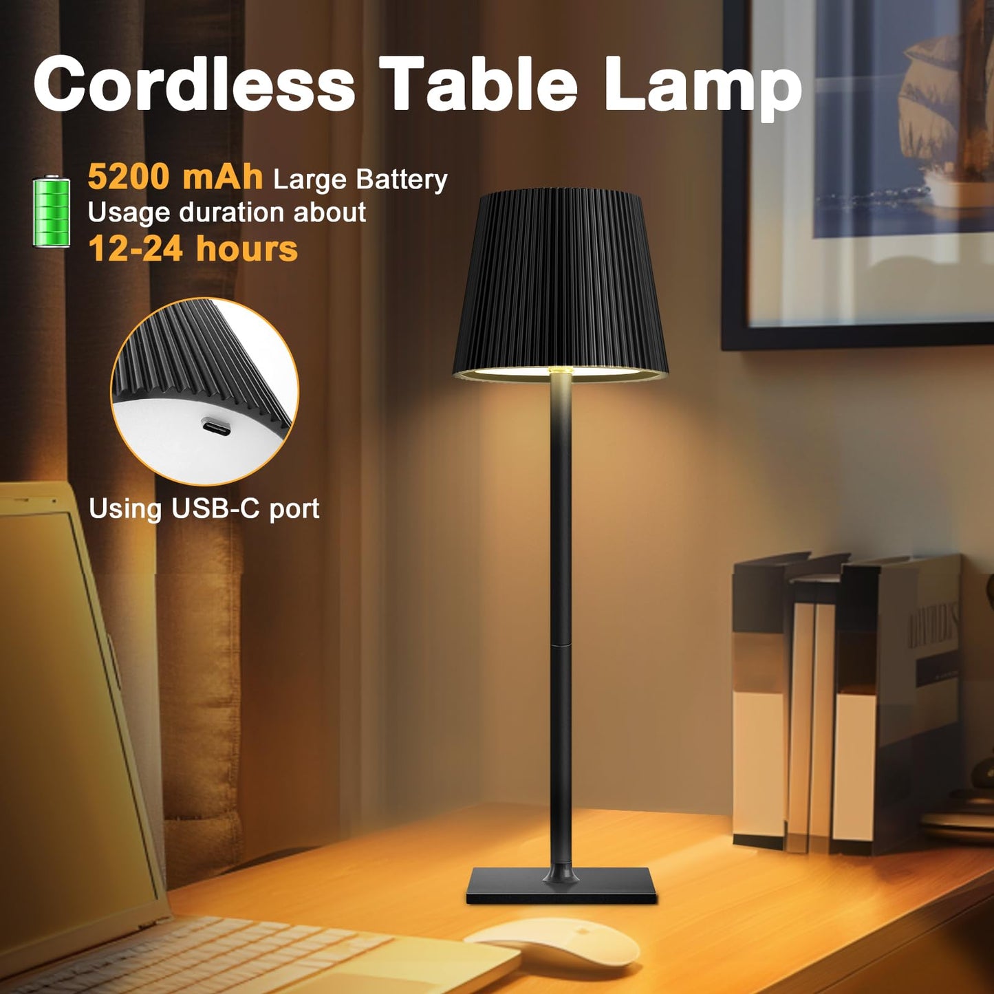 Riokko LED Tischleuchte Kabellos Touch Dimmbar 3 Farbtemperatur 5200mAh Nachttischlampe IP54, USB-C Akku Tischlampe Aufladbar(3000k-6500k), für Outdoor Nachttisch Esstisch Schreibtisch