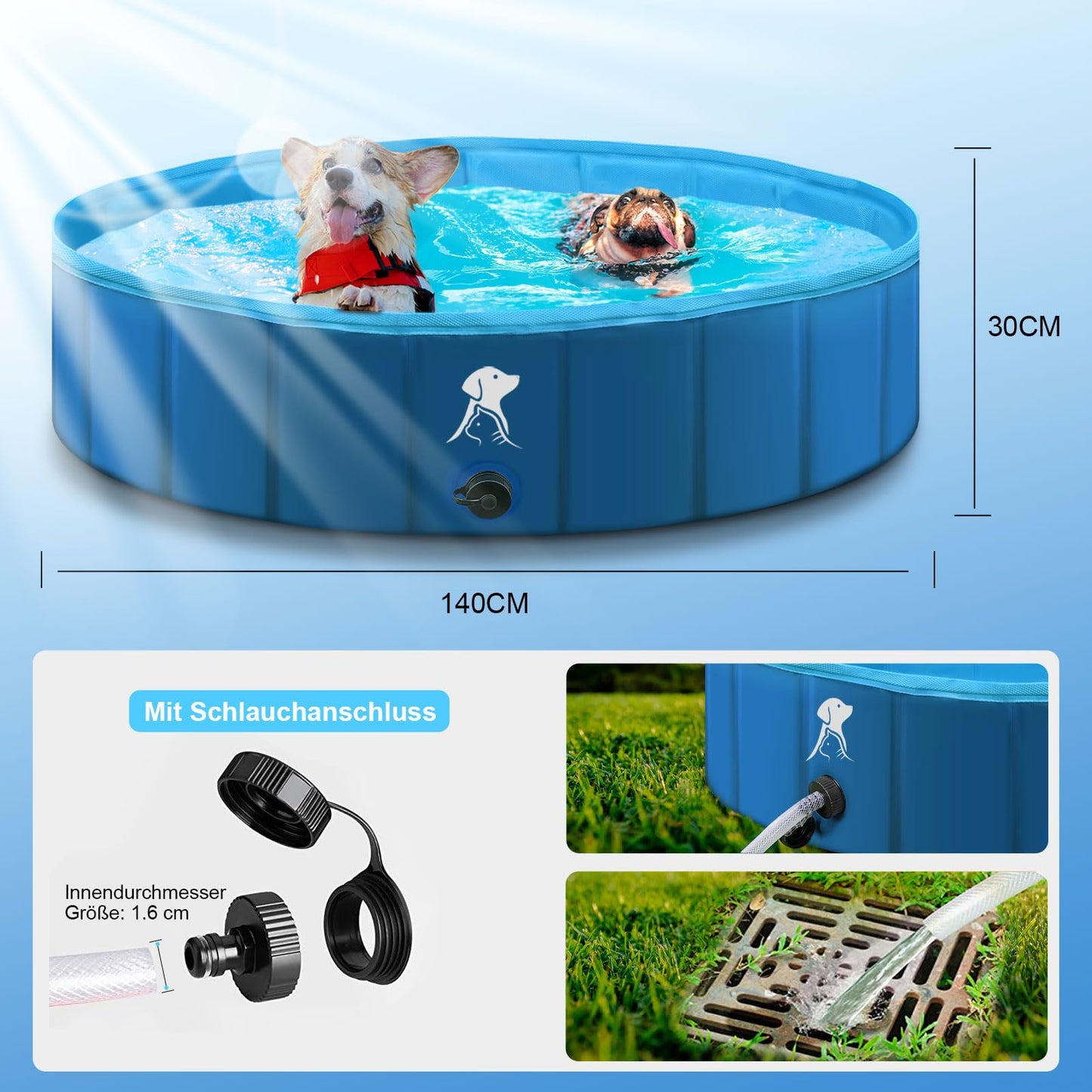 Fwiull Hundepool für Große & Kleine Hunde, Faltbarer Hunde Planschbecken 140 * 30CM Hundebadewanne Stabiler Swimmingpool Haustier Kind Schwimmbecken rutschfest Tragbar Blau