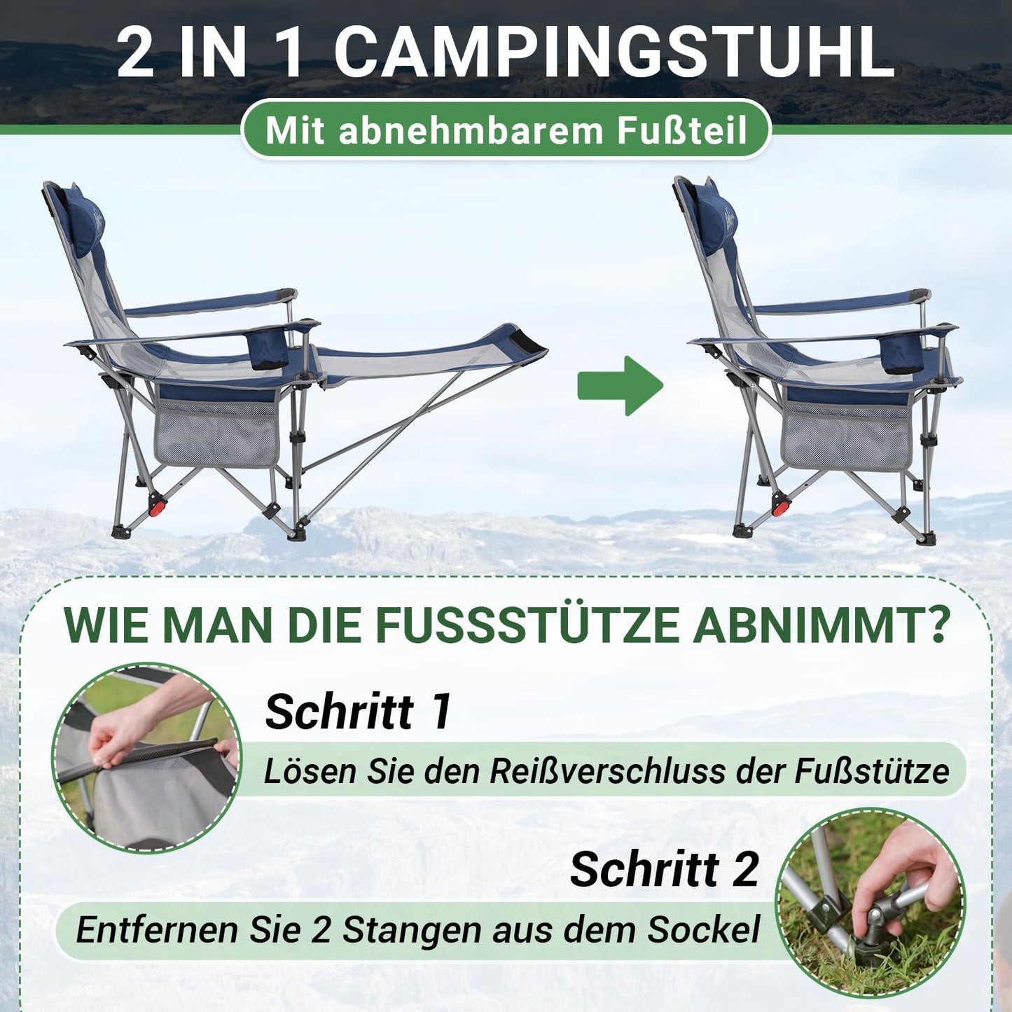#WEJOY 2-in-1 Campingstuhl Faltbar, Strandstuhl mit Verstellbarer Rückenlehne & Fußstütze Angelstuhl Campingstühle für Erwachsene mit Wattepad Kissen Getränkehalter Armlehnentaschen Marine/Grau