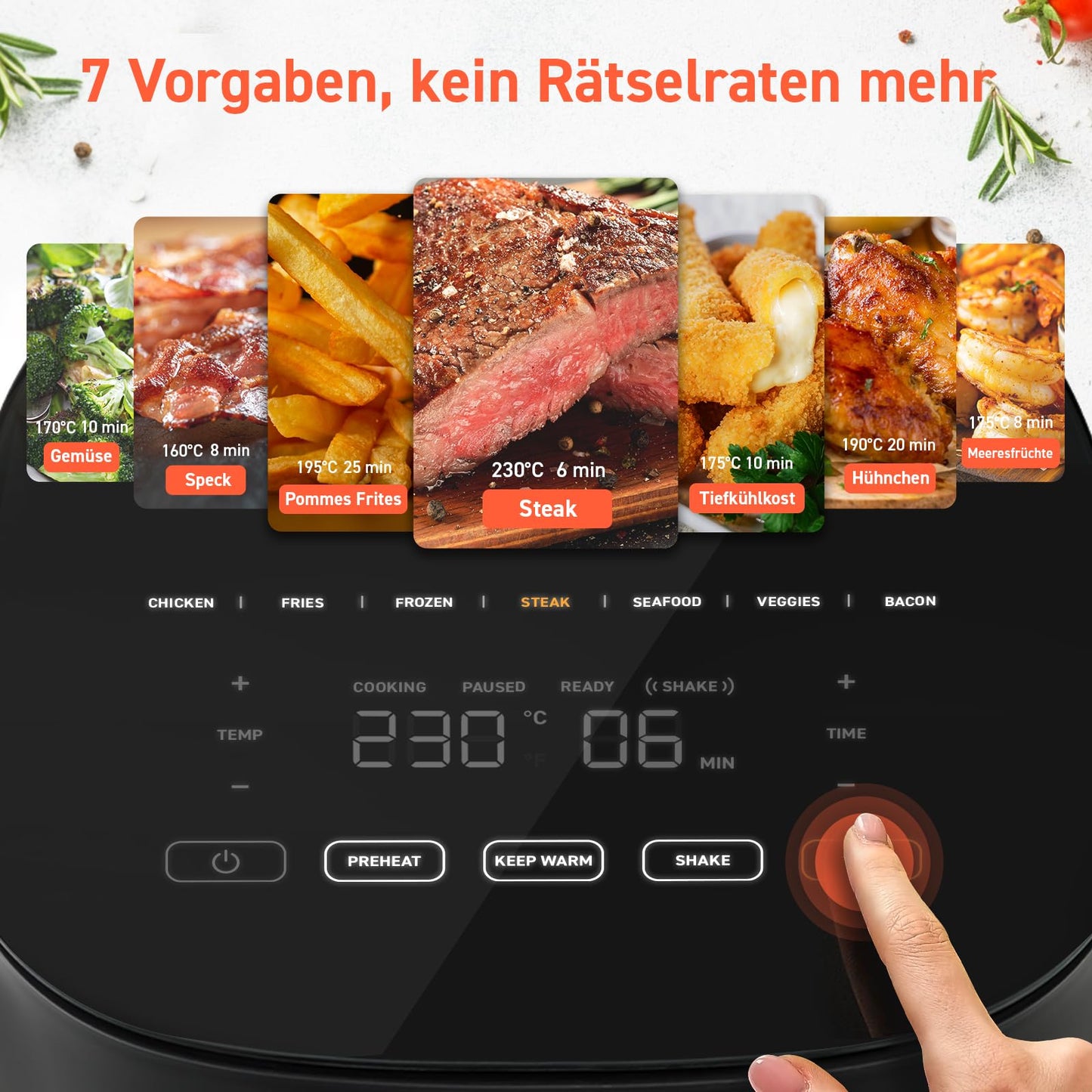 COSORI Airfryer, 7-in-1 Heissluftfritteuse, Max 230℃ & 55dB leise Heißluftfritteuse, 100+ Rezpete, Hähnchen, Steak, Speck, Tiefkühlkost, 55% energiesparend, spülmaschinenfest
