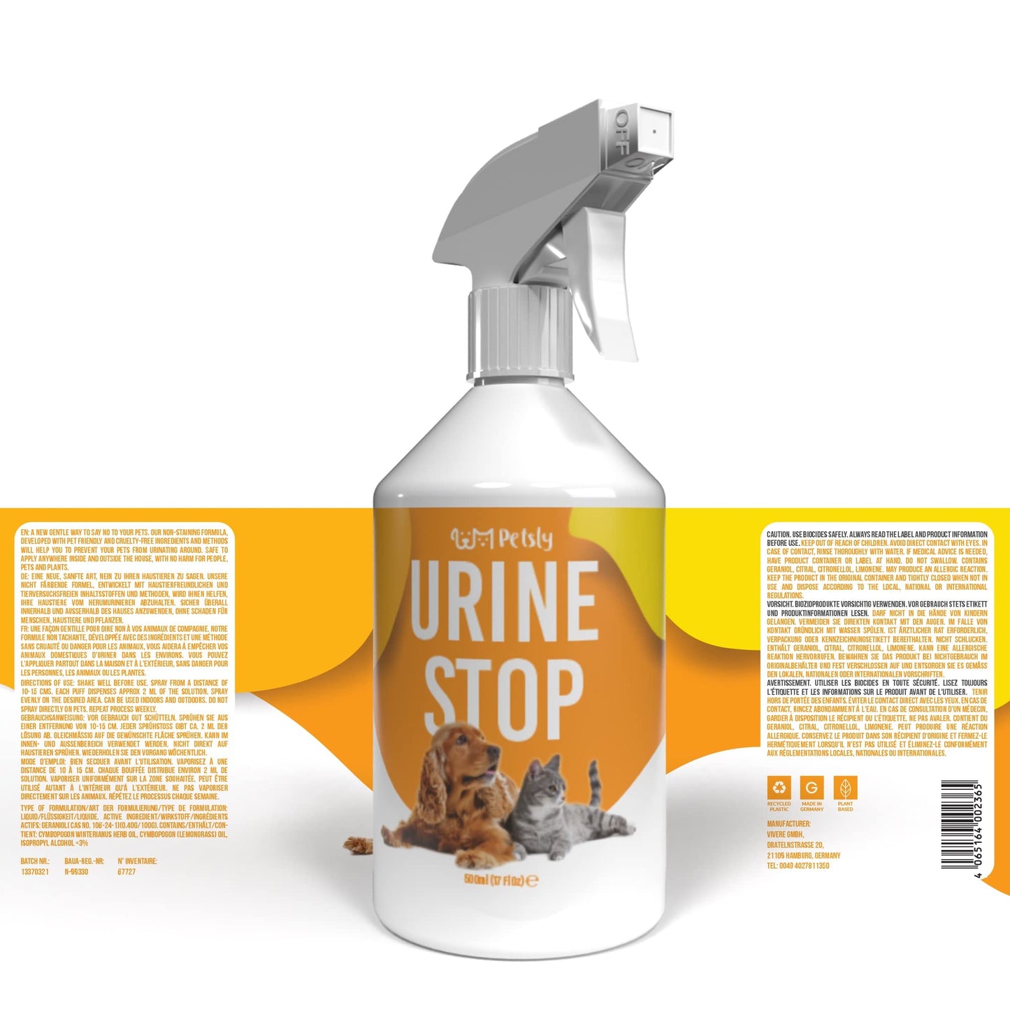 Petsly® Mildes Hunde & Katzenabwehrspray - 500ml - Nicht färbend - Hundeschreck gegen Urinieren - Katzen Schreck Spray auch als Kratz & Knabberschutz - Hundeabwehrspray Innen- und Außenanwendung
