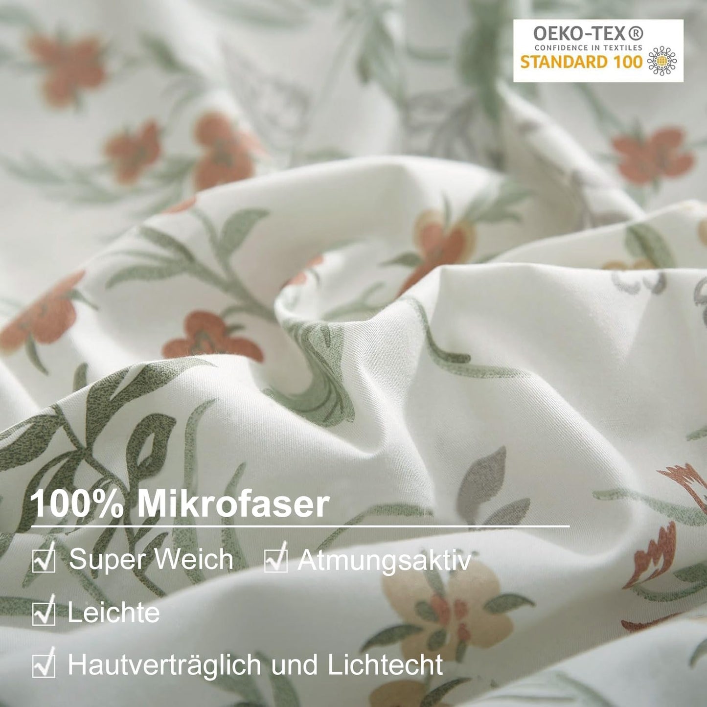Lanqinglv Bettwäsche 135x200 cm 4Teilig Grün Weiß Blätter Blumen Muster Wende Bettwäsche 2er Set,Pflanzenmuster Bunt Microfaser 2 Bettbezug mit Reißverschluss und 2 Kissenbezug 80x80 cm